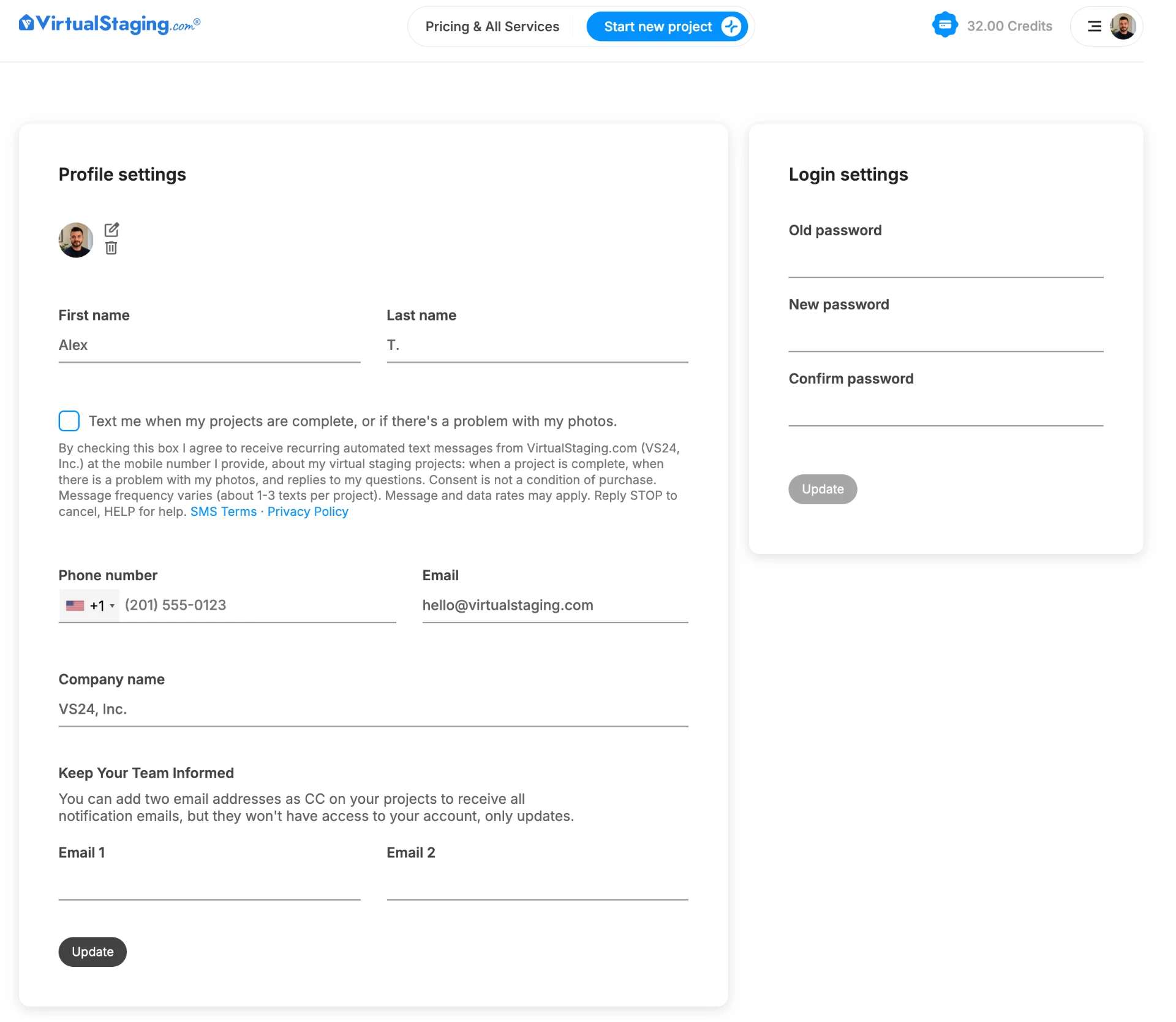 VirtualStaging.com profile settings with the text message opt-in checkbox
