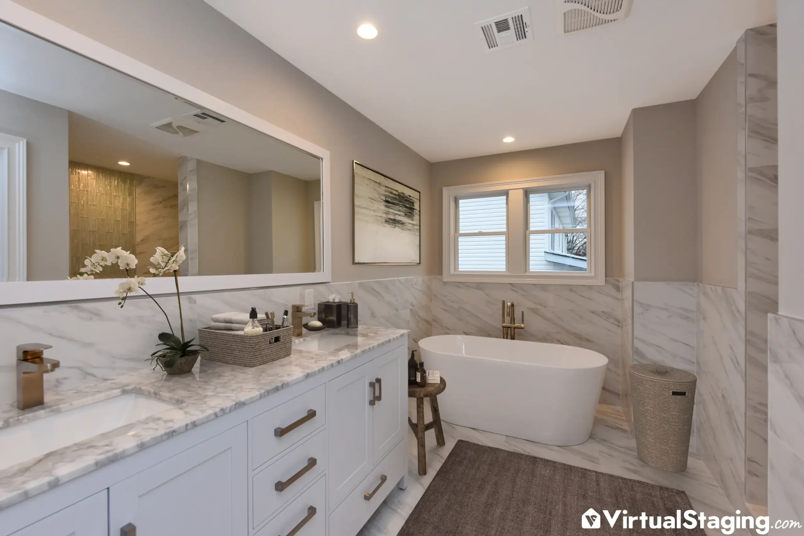 An image of a virtually staged bathroom in the transitional style of interior design