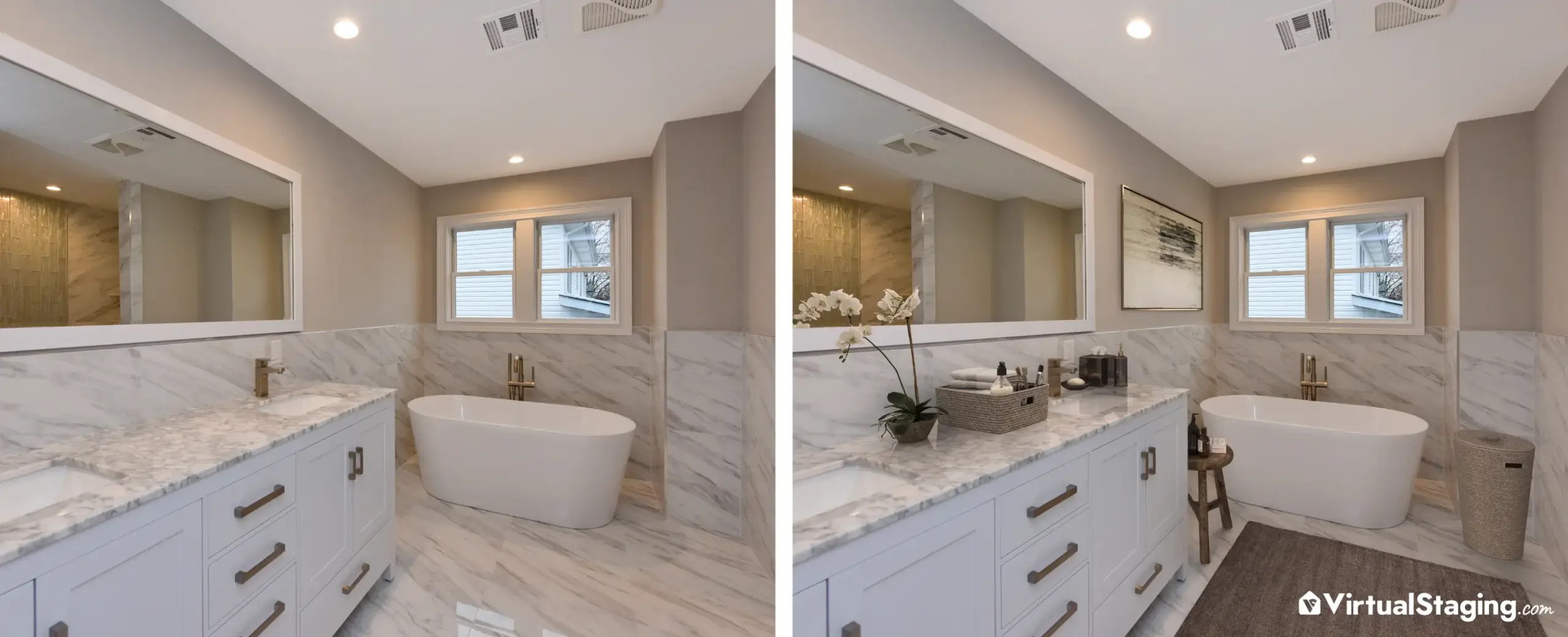 An image of a bathroom staging before and after transformation