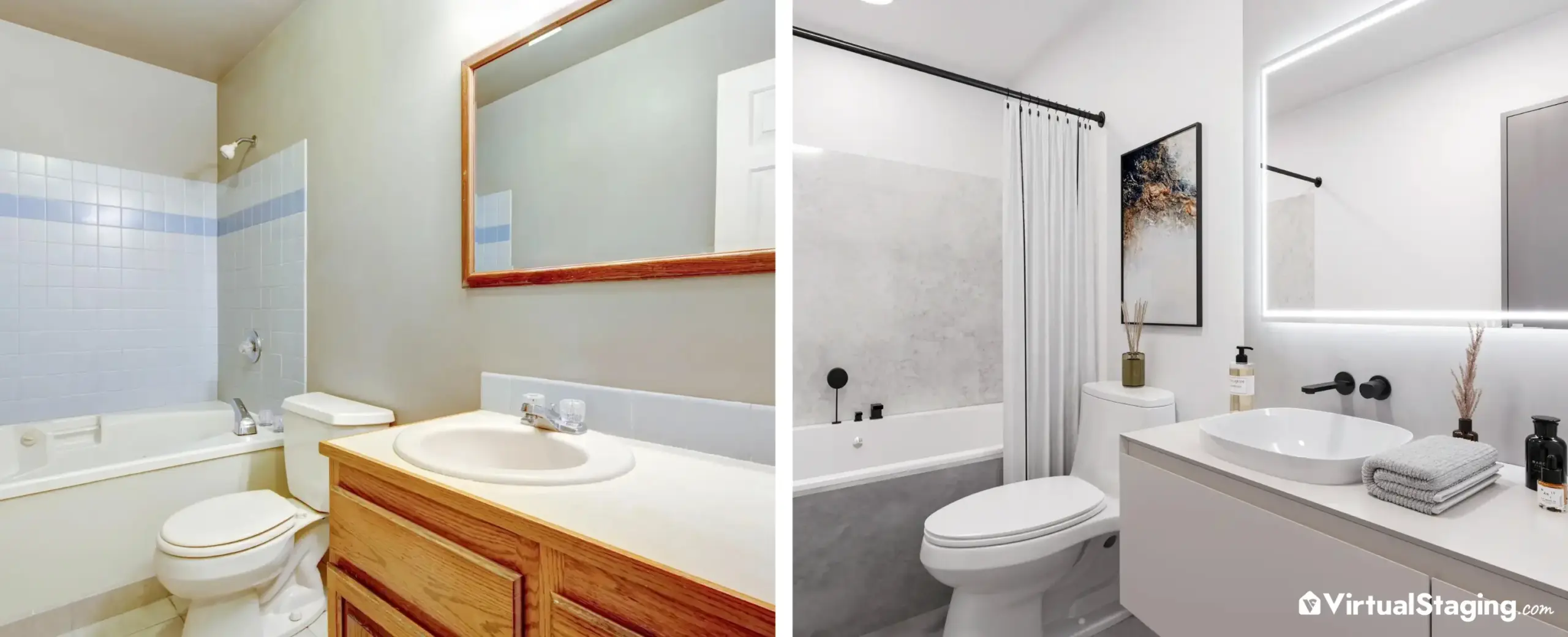 A before and after bathroom transformation done through virtual renovation