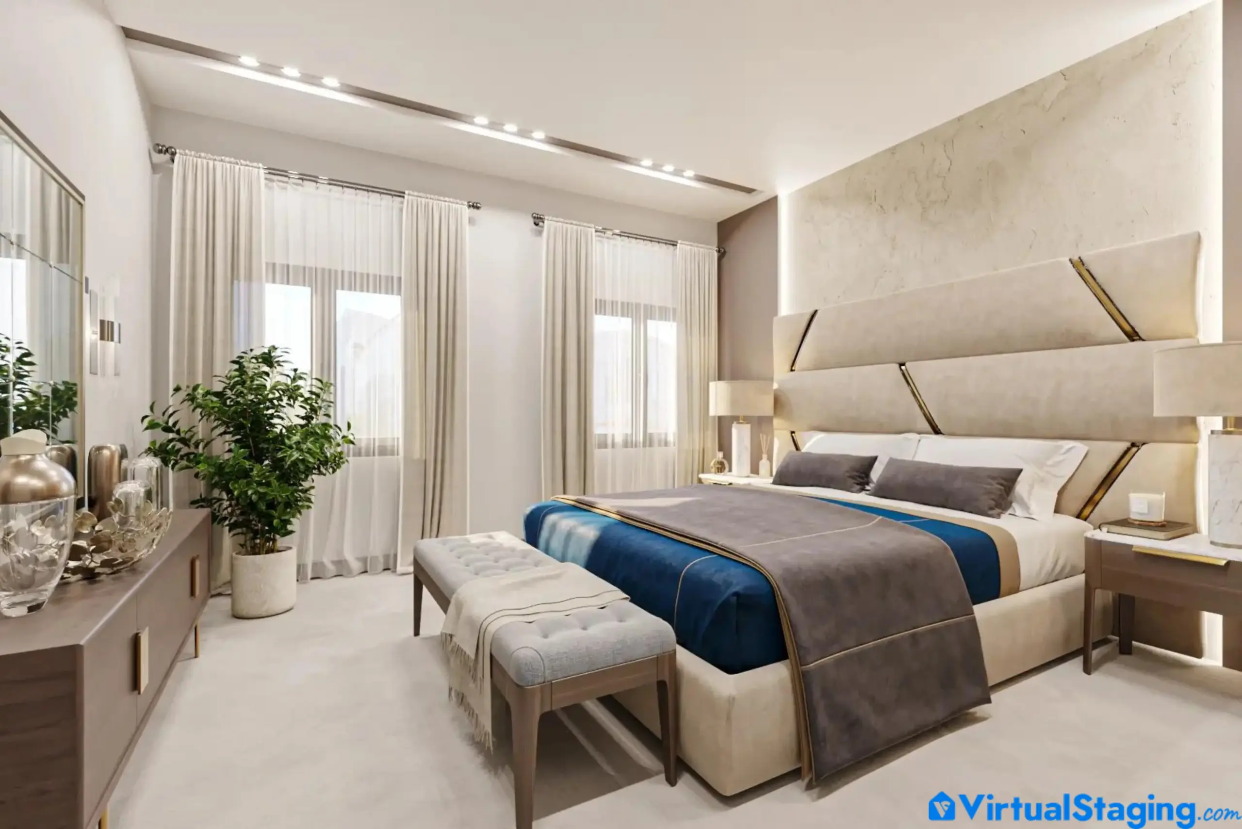 Luxury virtual staging of a primary bedroom