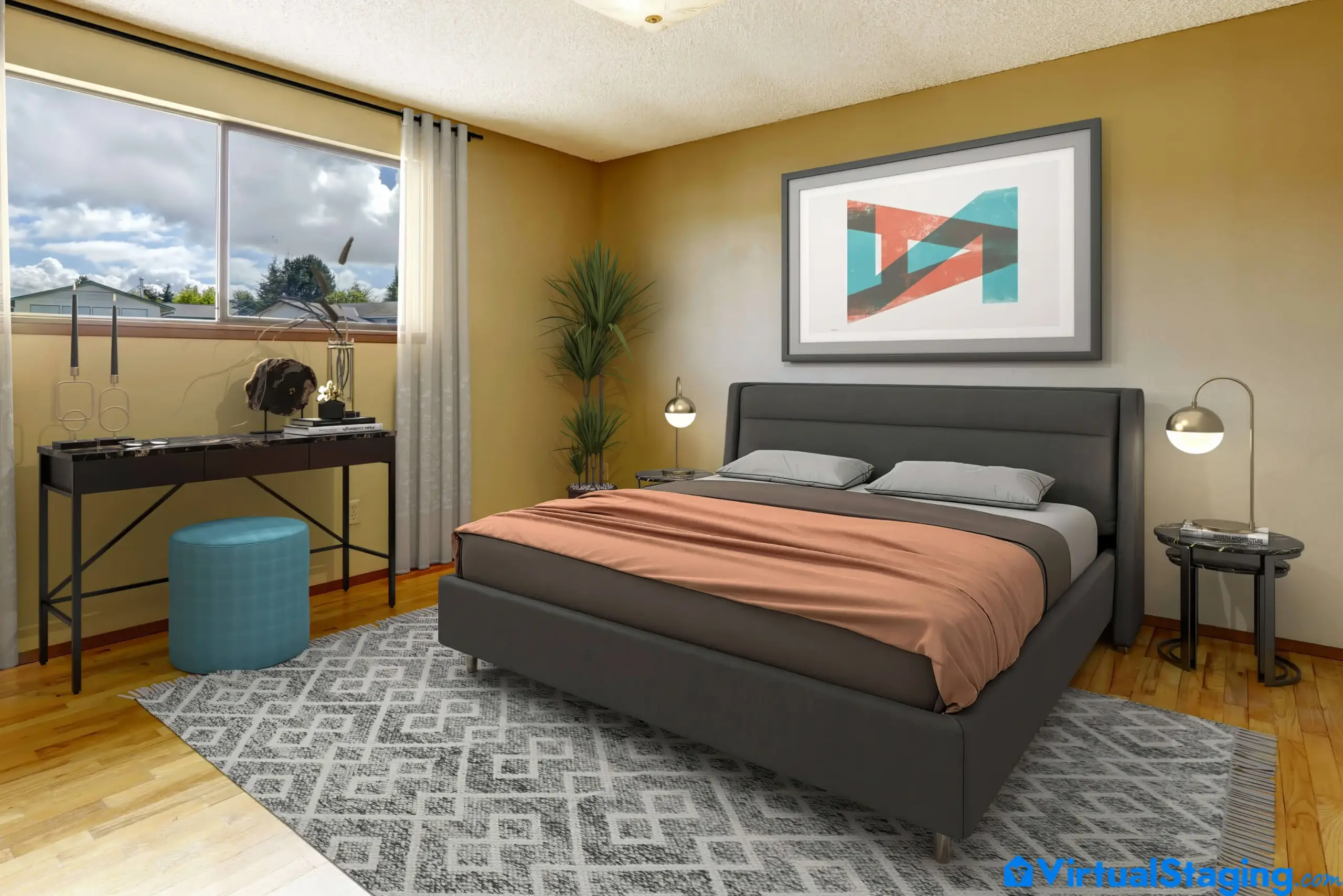 A image showing virtual staging of a primary bedroom in a mid-century modern style of interior design