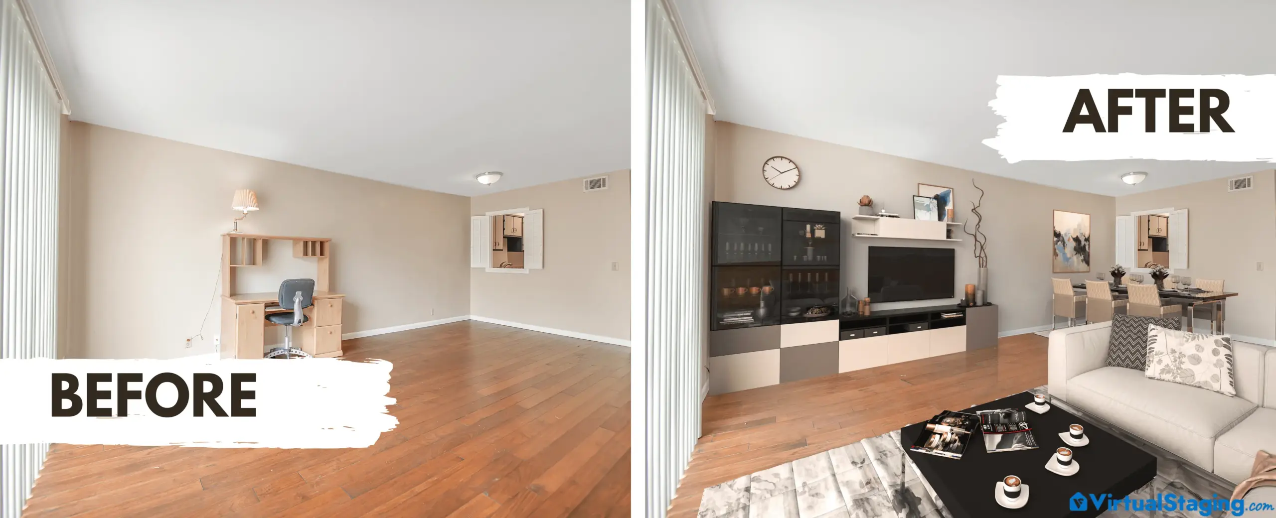 virtual staging before and after transformation of an open space living and dining area