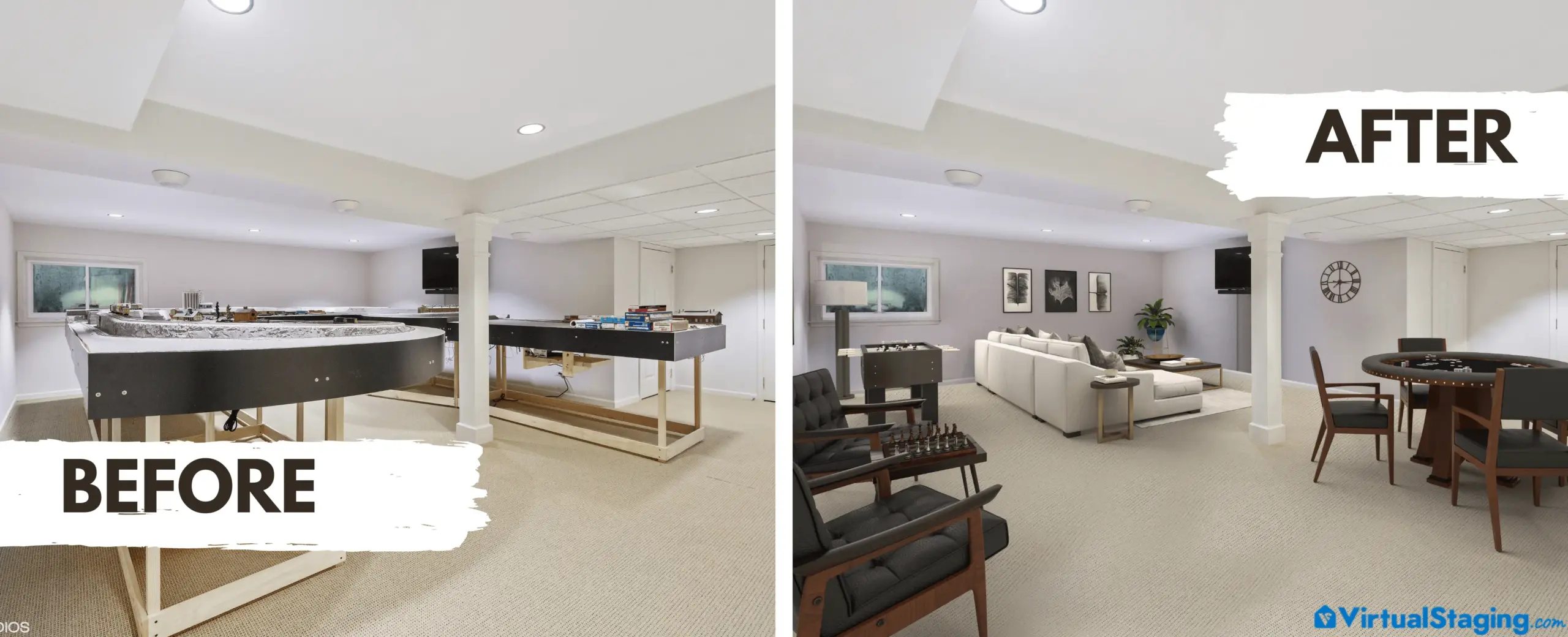 Virtual staging before and after transformation of a basement game room