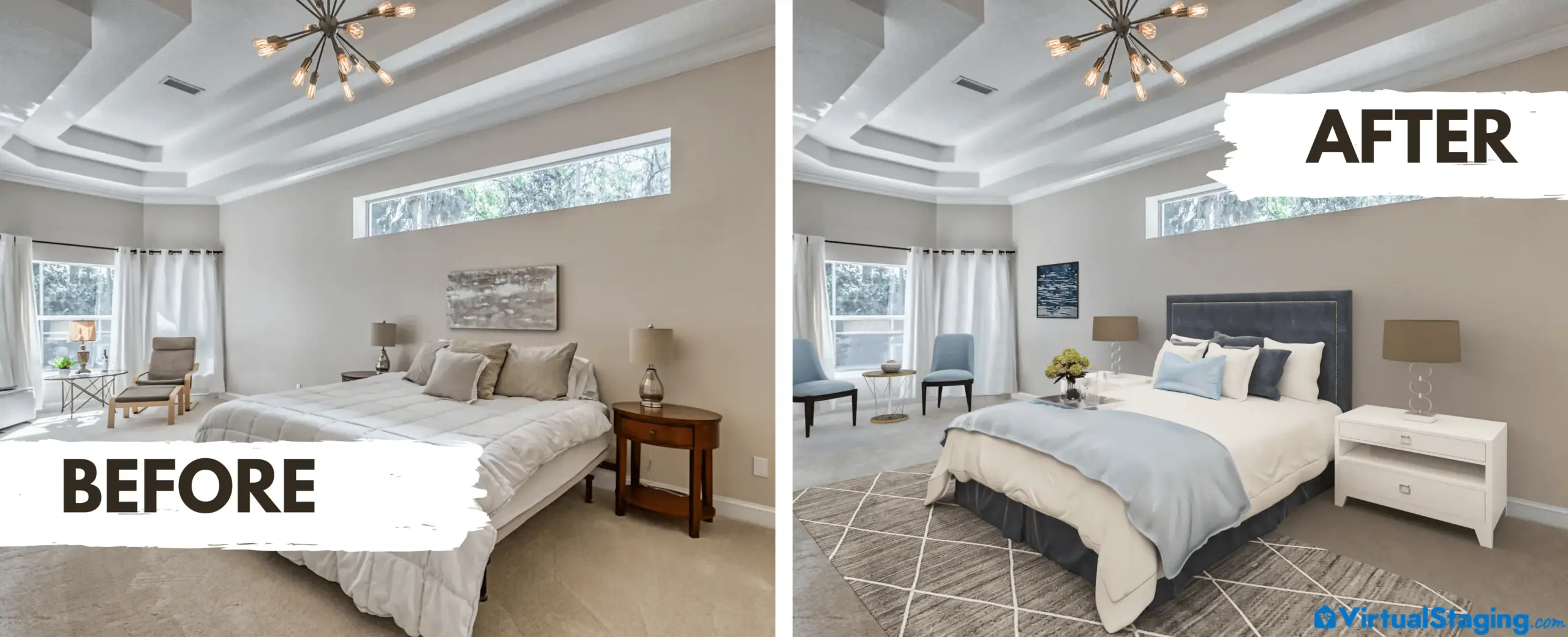 Virtual staging before and after transformation of a master bedroom in a coastal style of interior design