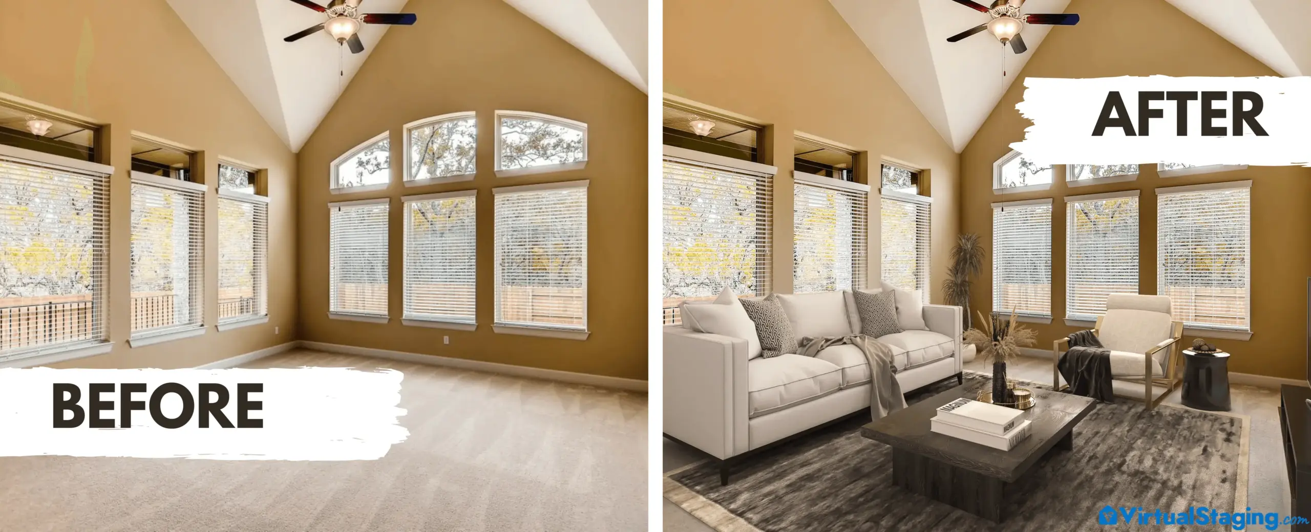 Virtual staging before and after transformation of a living room