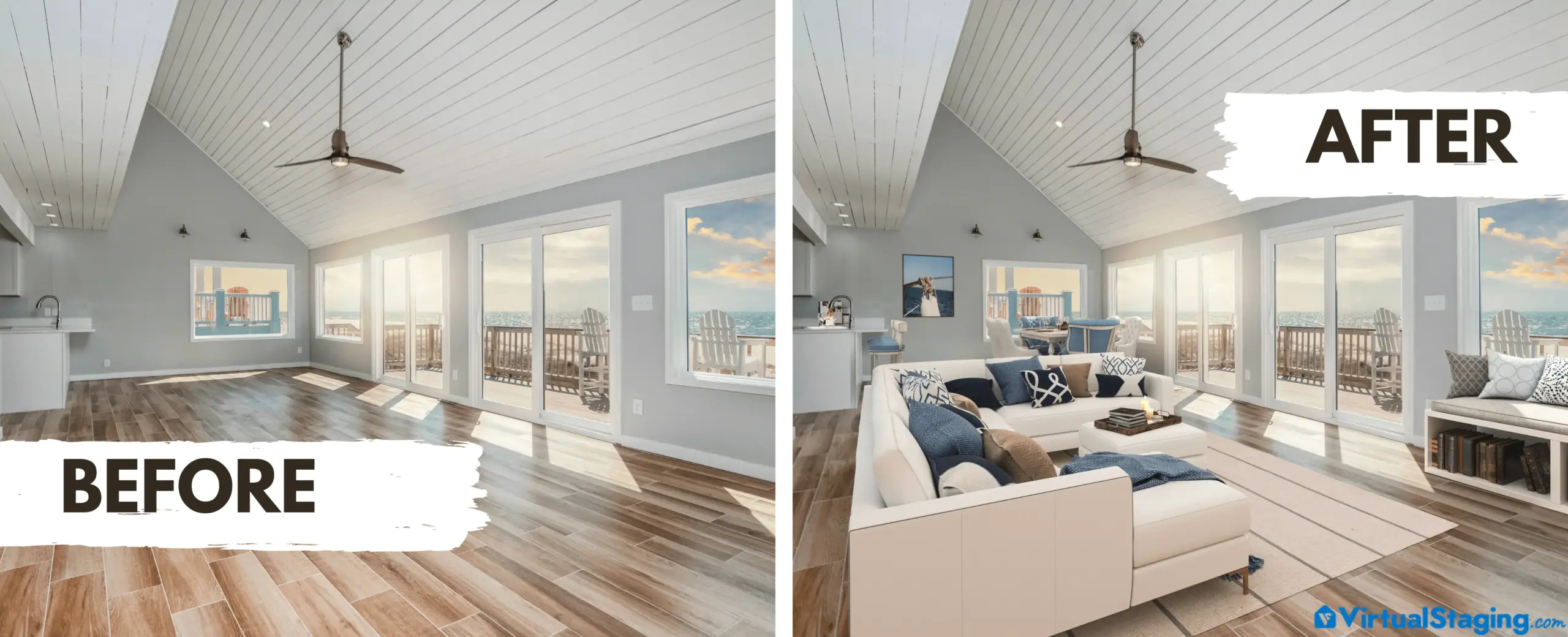 virtual staging before and after images of a beach house living room