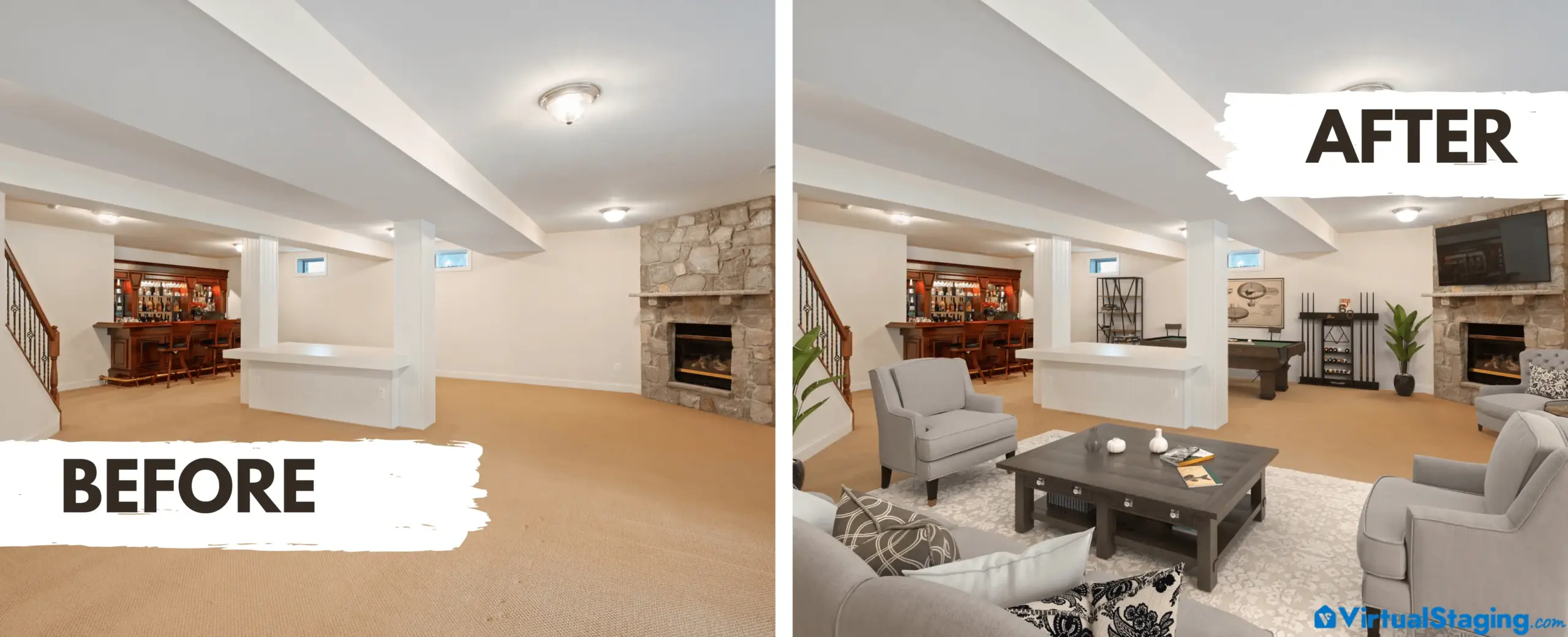 Virtual staging before and after image of a basement hangout spot with a bar and a pool table