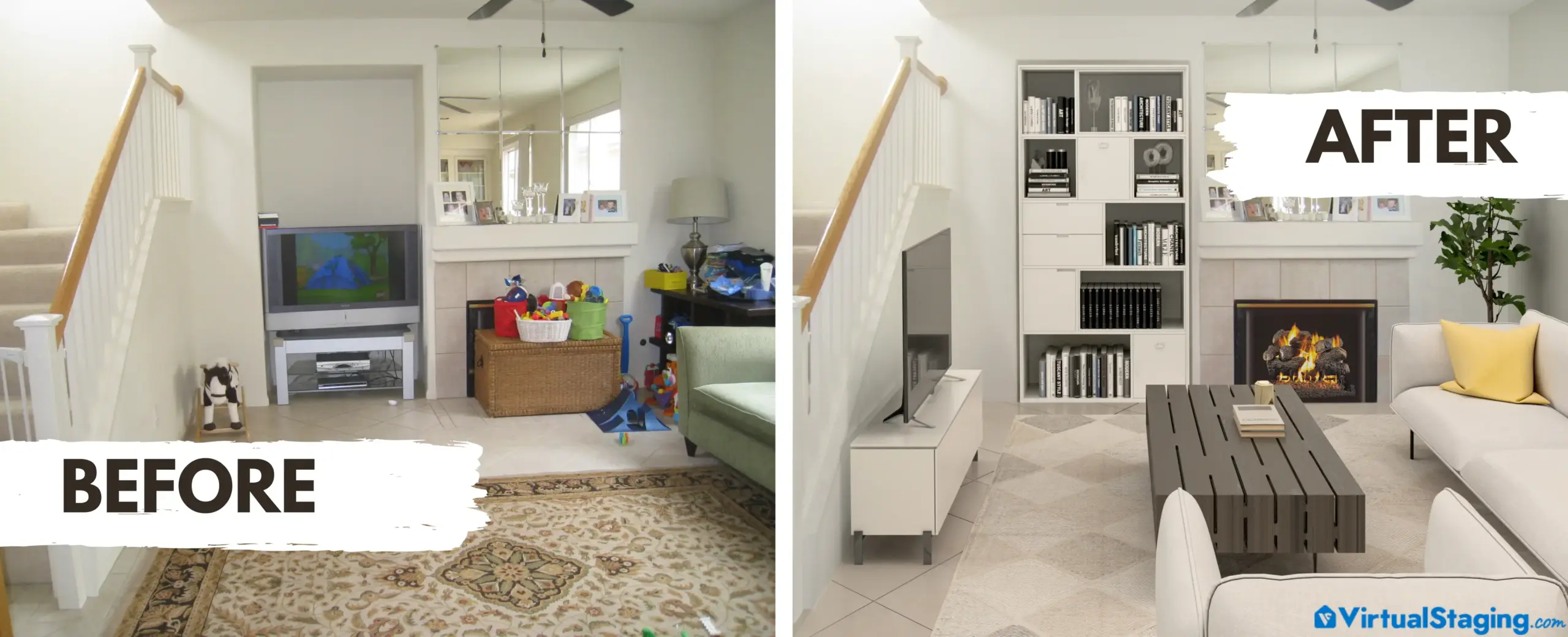 Virtual staging before and after transformation of a living room