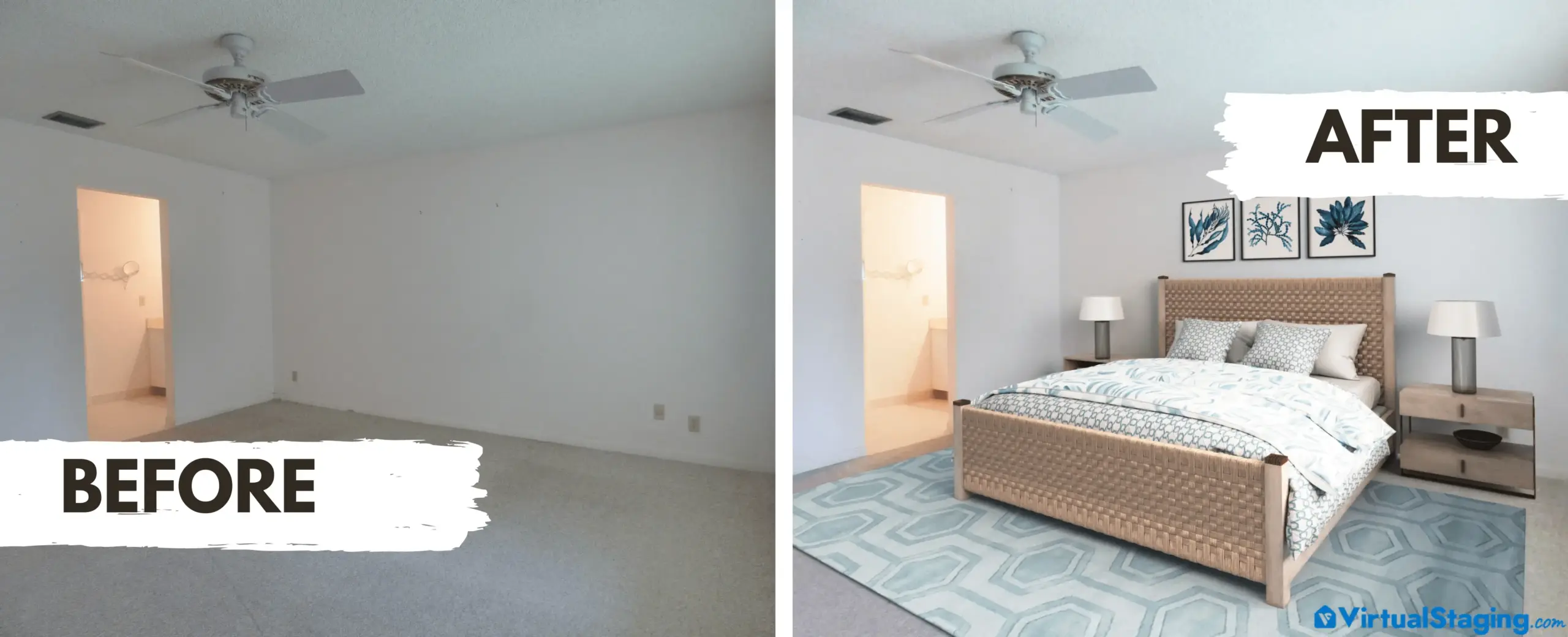 Virtual staging before and after photos of a master bedroom in a coastal style of interior design