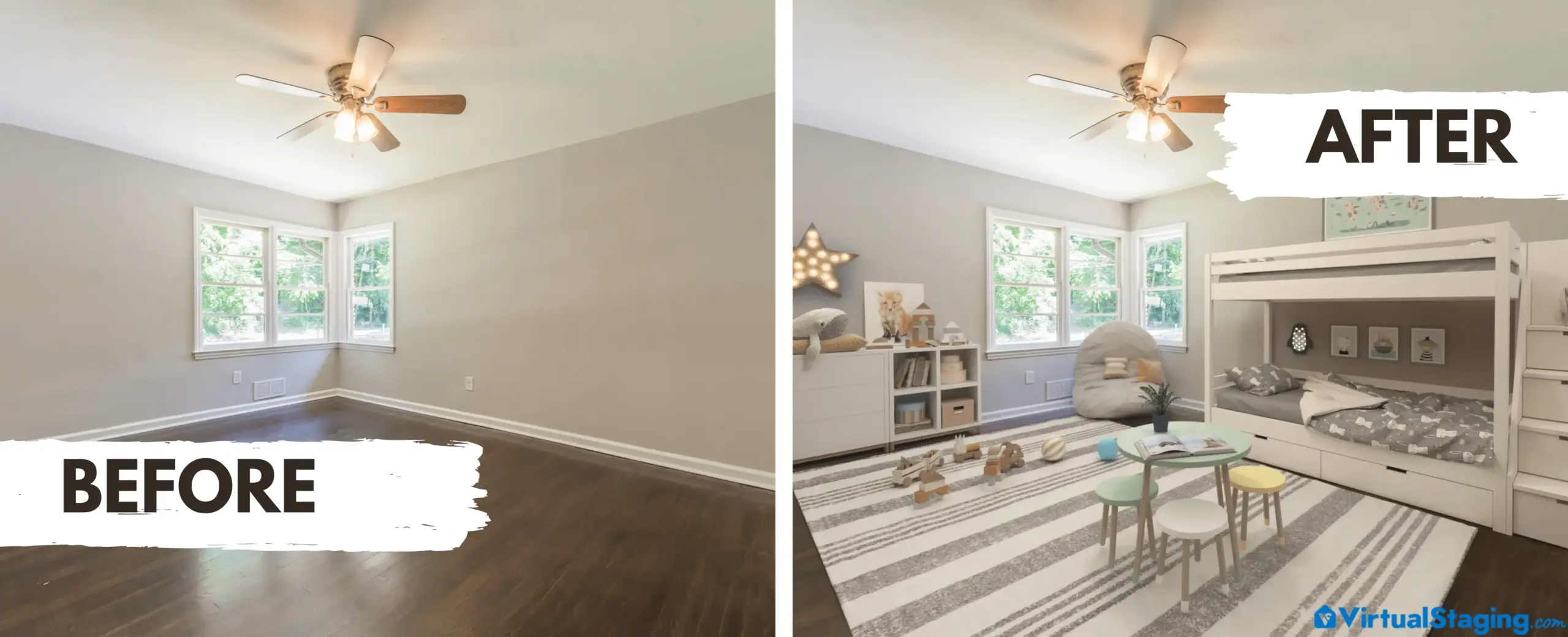 Virtual staging before and after transformation of a children's bedroom in a Scandinavian style of interior design