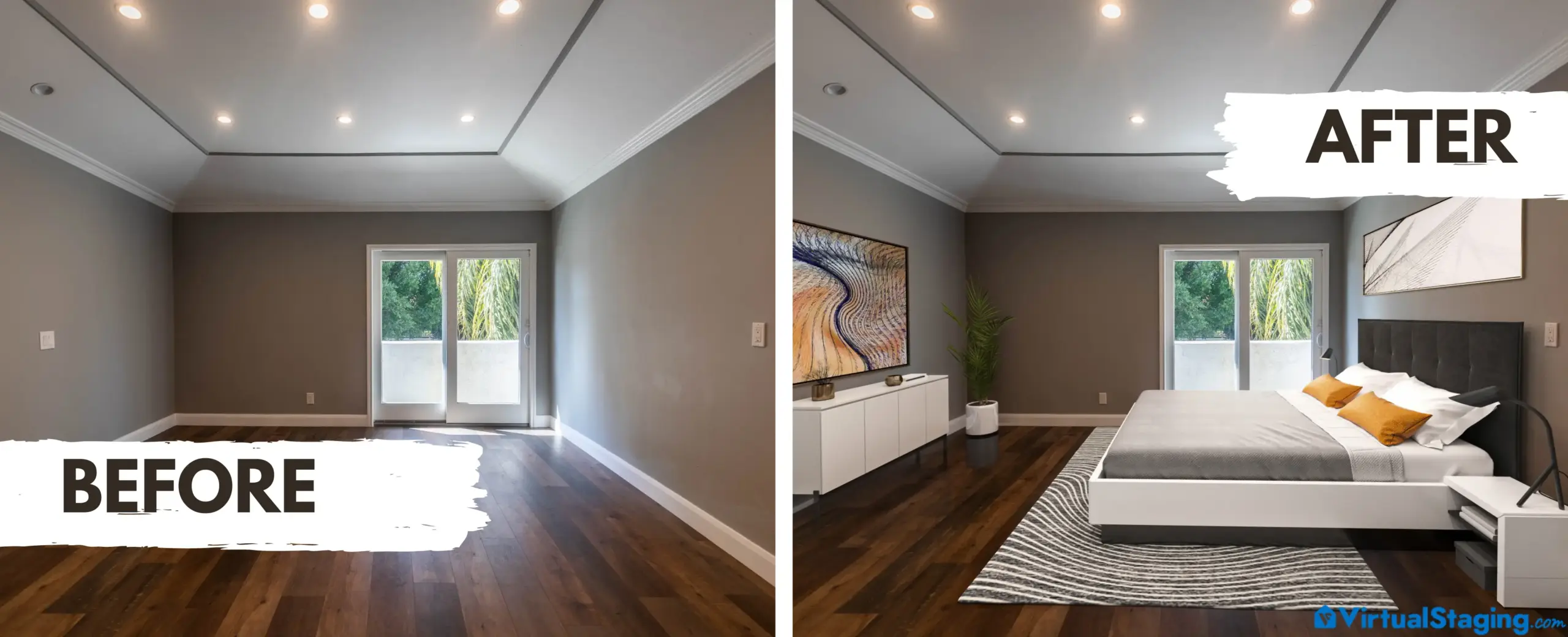 Virtual staging before and after transformation of a bedroom
