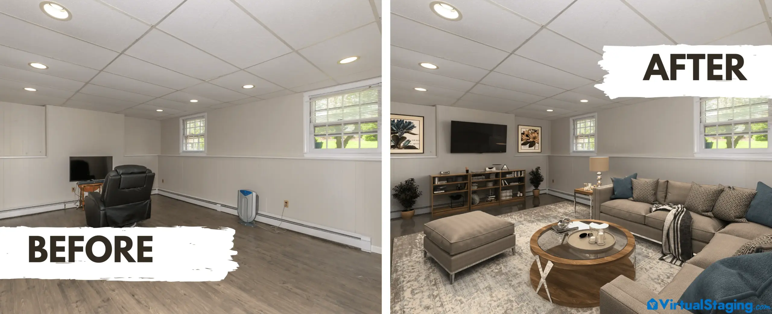 Virtual staging before and after transformation of a gloomy basement space into a family hangout area