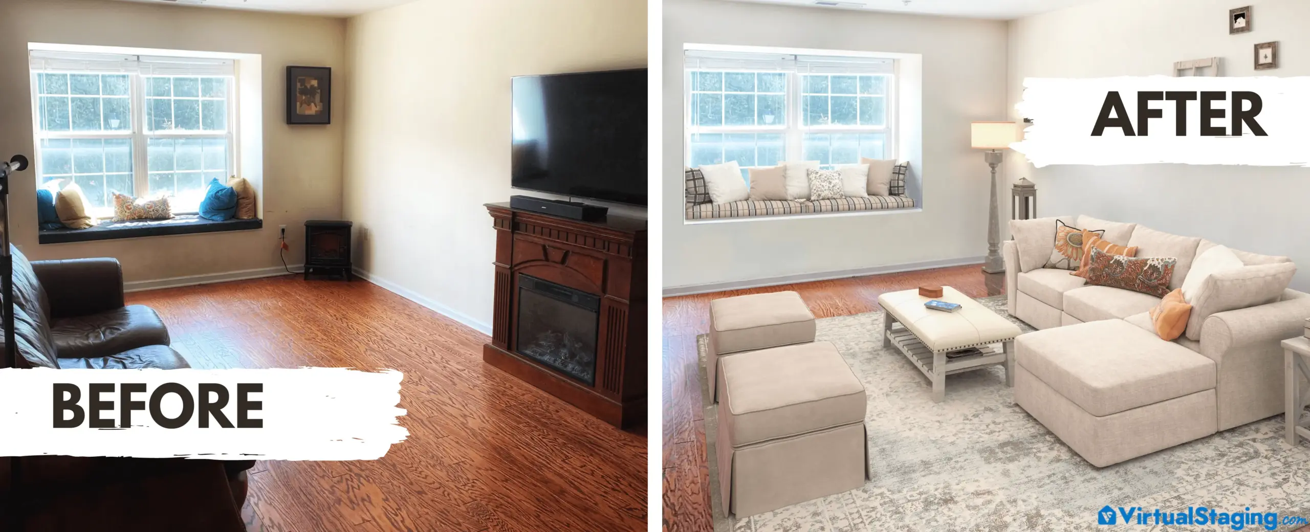 Virtual staging before and after transformation of a living room in a modern farmhouse style of interior design