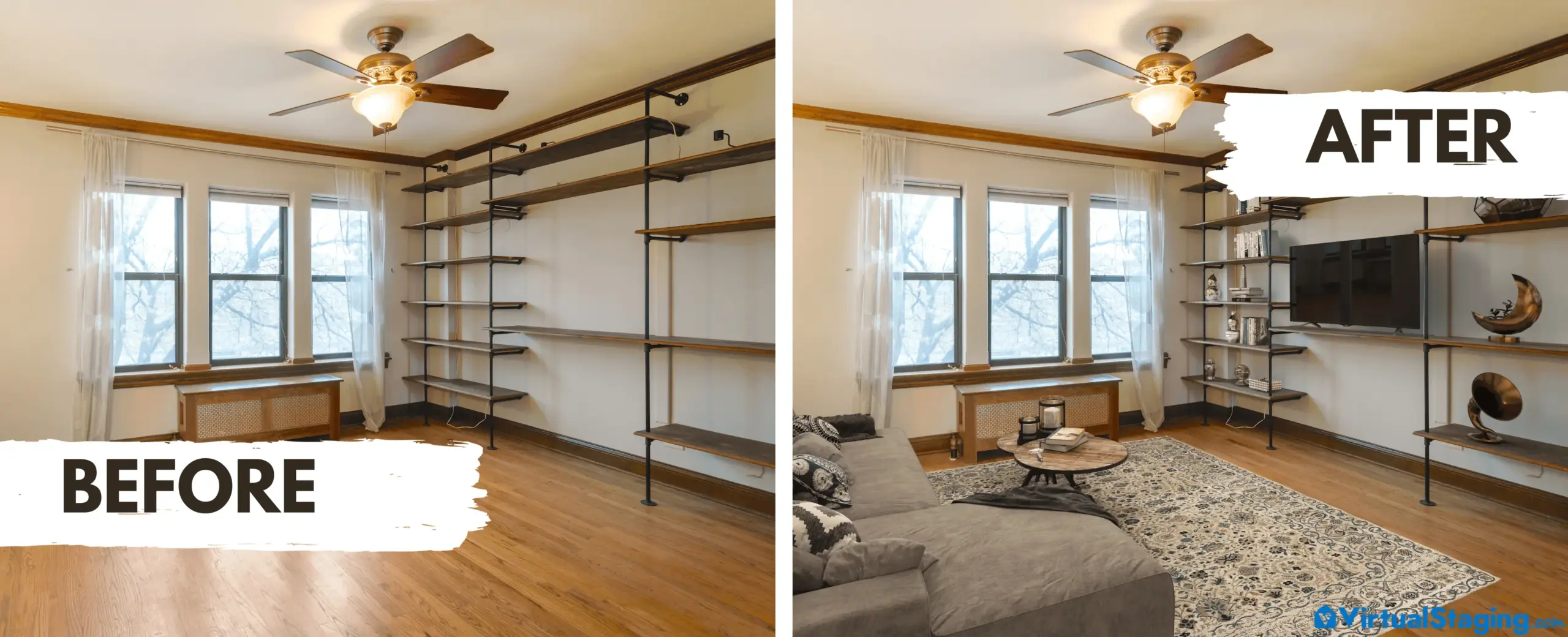 Virtual staging before and after transformation of a living room with built-in shelves