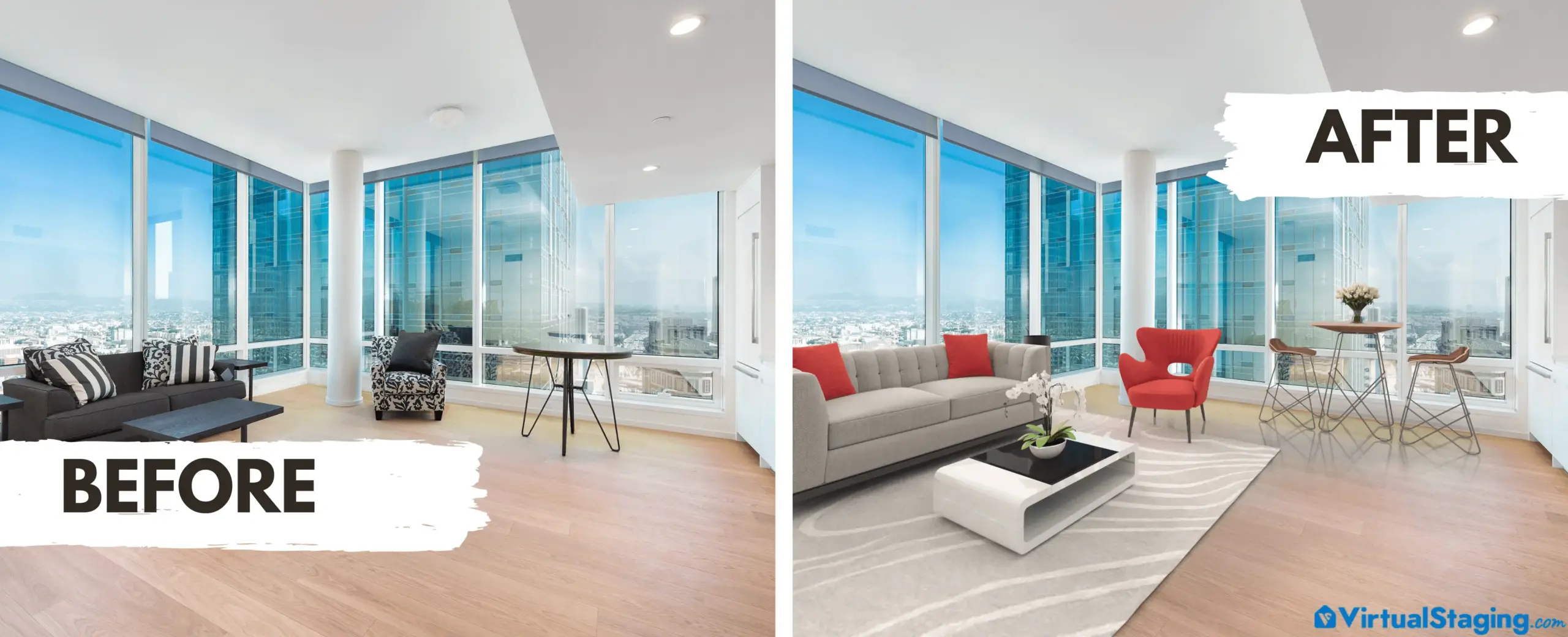 Virtual staging before and after transformation of a living room of a downtown condo