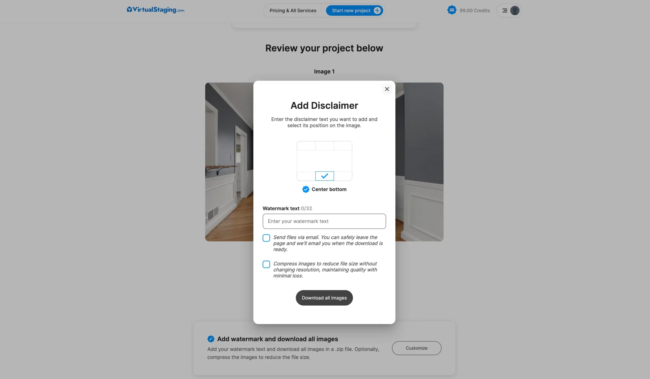 A screenshot of virtualstaging.com showing where clients can add their disclaimers that the photos have been virtually staged