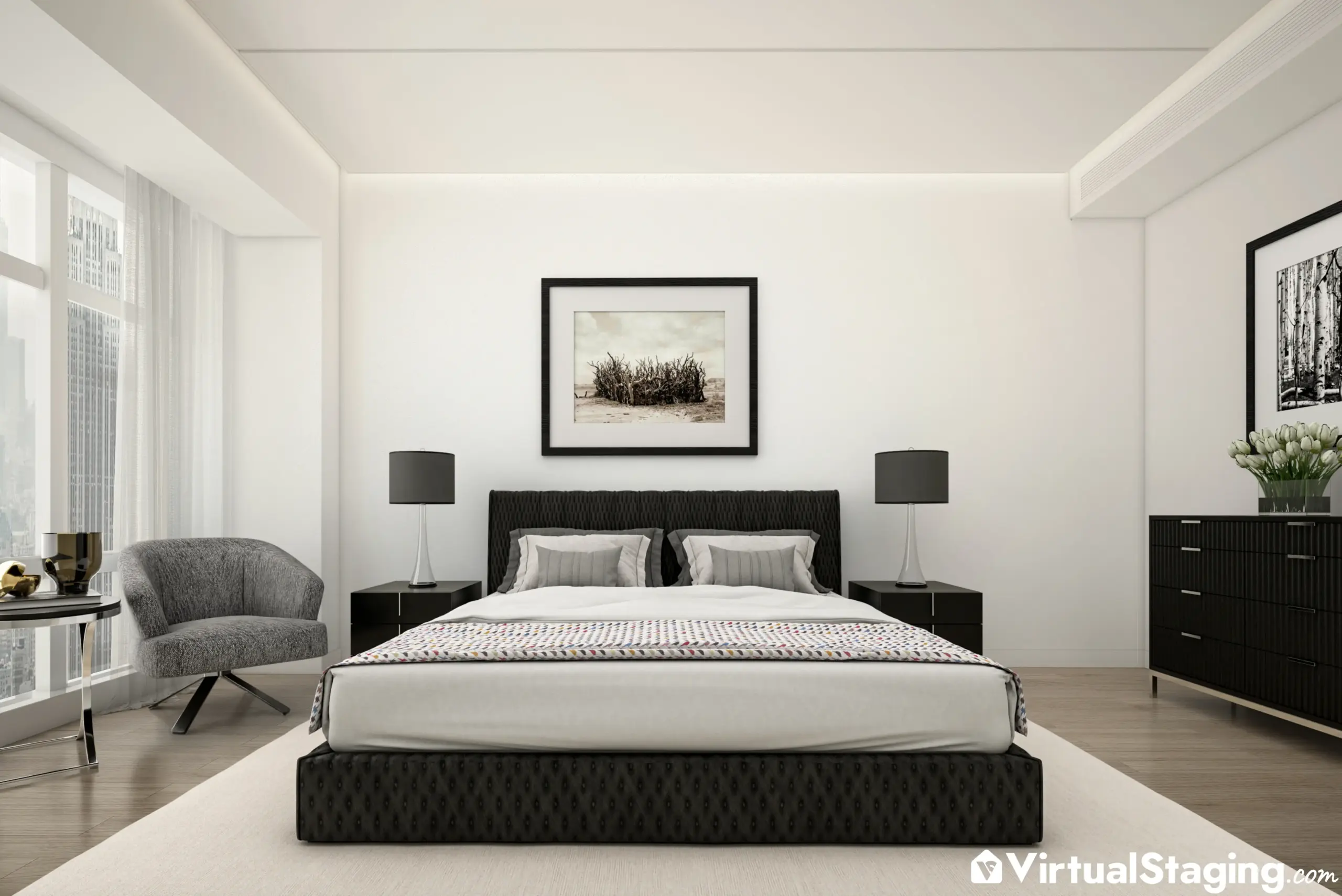 An example of high-quality virtual staging of a master bedroom