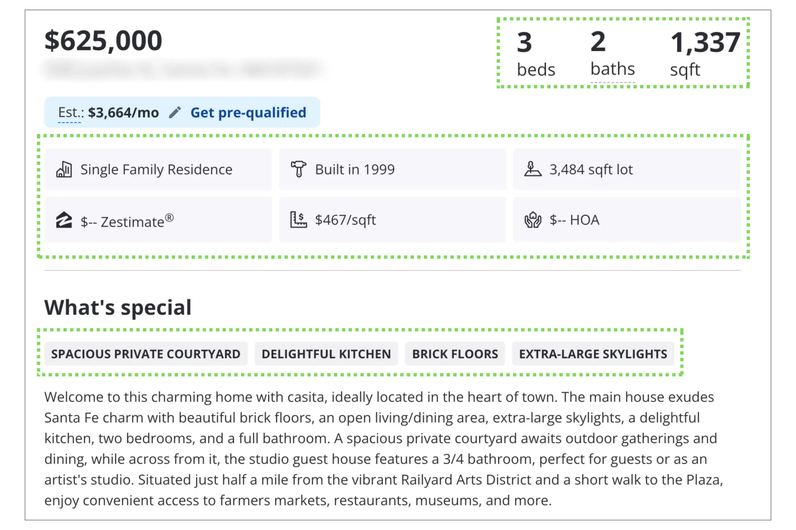 Real estate listing summary showing property details, unique selling points, and a descriptive overview, essential for effective listing marketing.