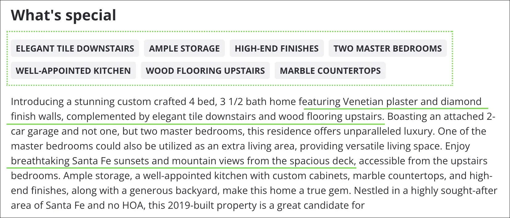 "Listing showcasing unique selling points of a property, including elegant tile downstairs, ample storage, high-end finishes, and two master bedrooms.