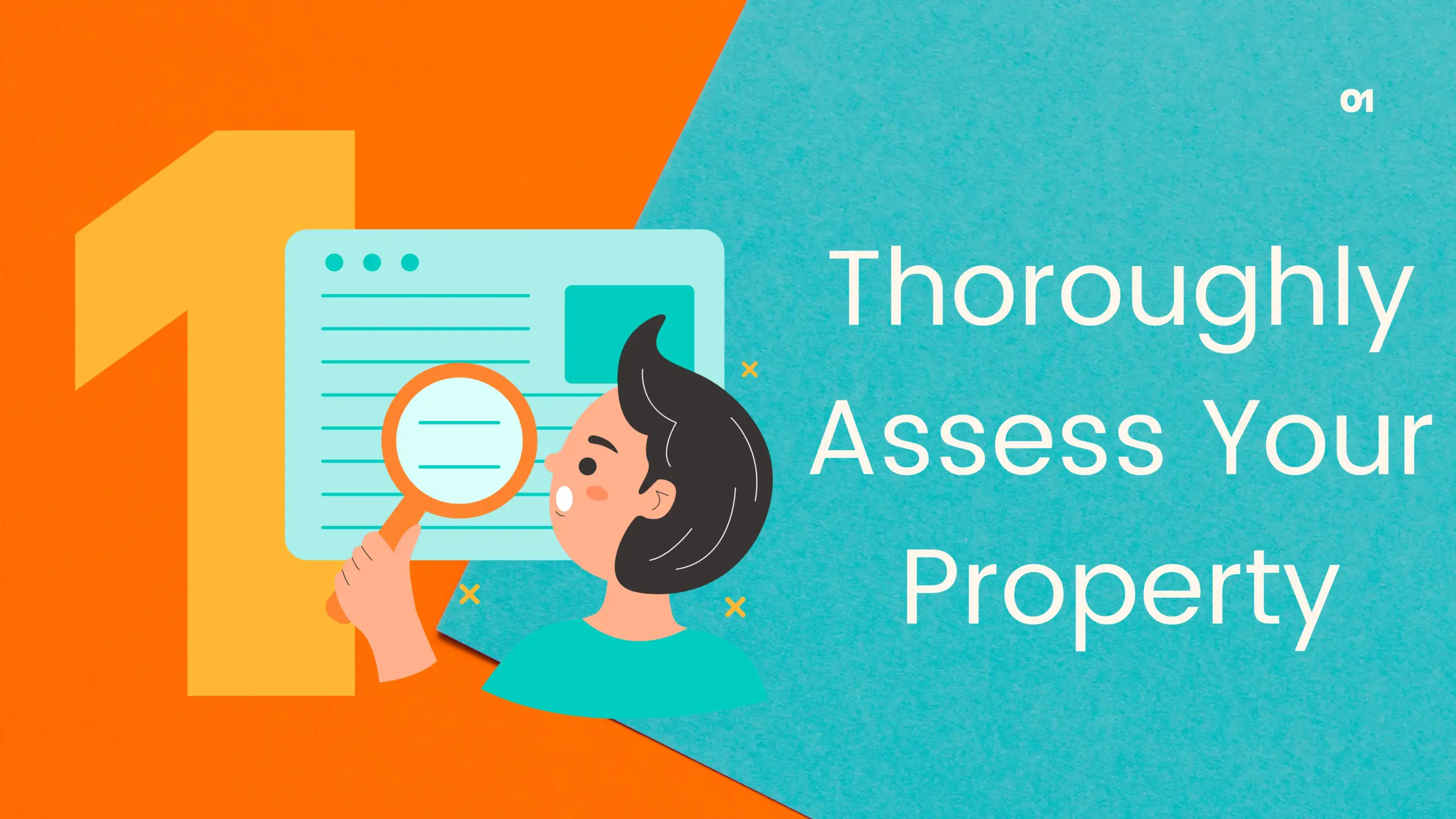 Title image for 'Step 1: Thoroughly Assess Your Property,' showing a person closely inspecting property information with a magnifying glass, highlighting the first step in a real estate listing marketing plan.