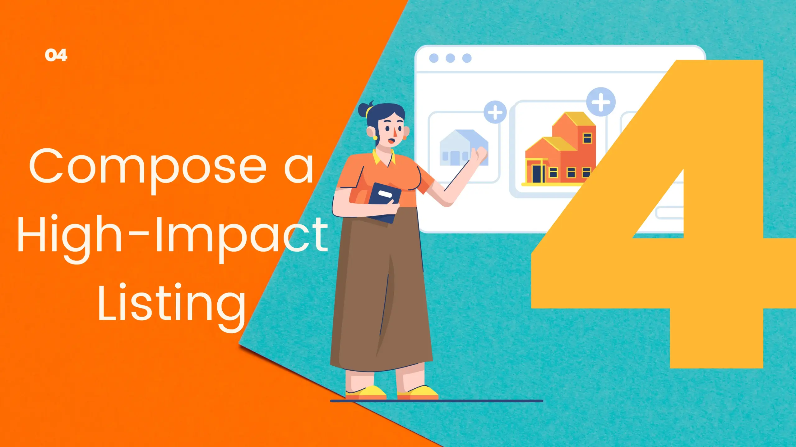 Title image for 'Step 4: Compose a High-Impact Listing,' featuring a person explaining property features, highlighting the creation of effective real estate listings.