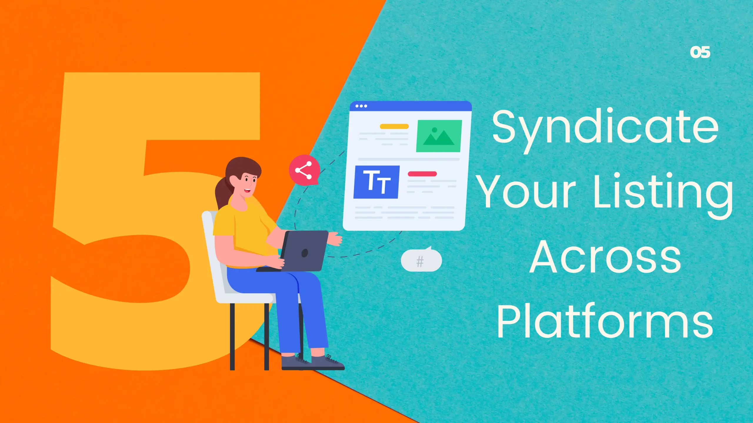 Step 5: Syndicate Your Listing Across Platforms - Illustration of a person using a laptop to distribute a real estate listing across multiple online platforms, enhancing listing marketing strategy.
