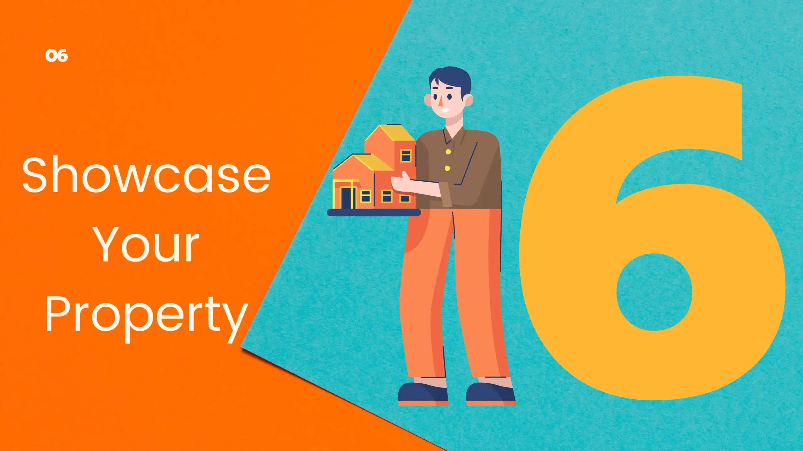 Step 6: Showcase Your Property - Illustration of a person holding a model house, highlighting the importance of property presentation in real estate listing marketing.