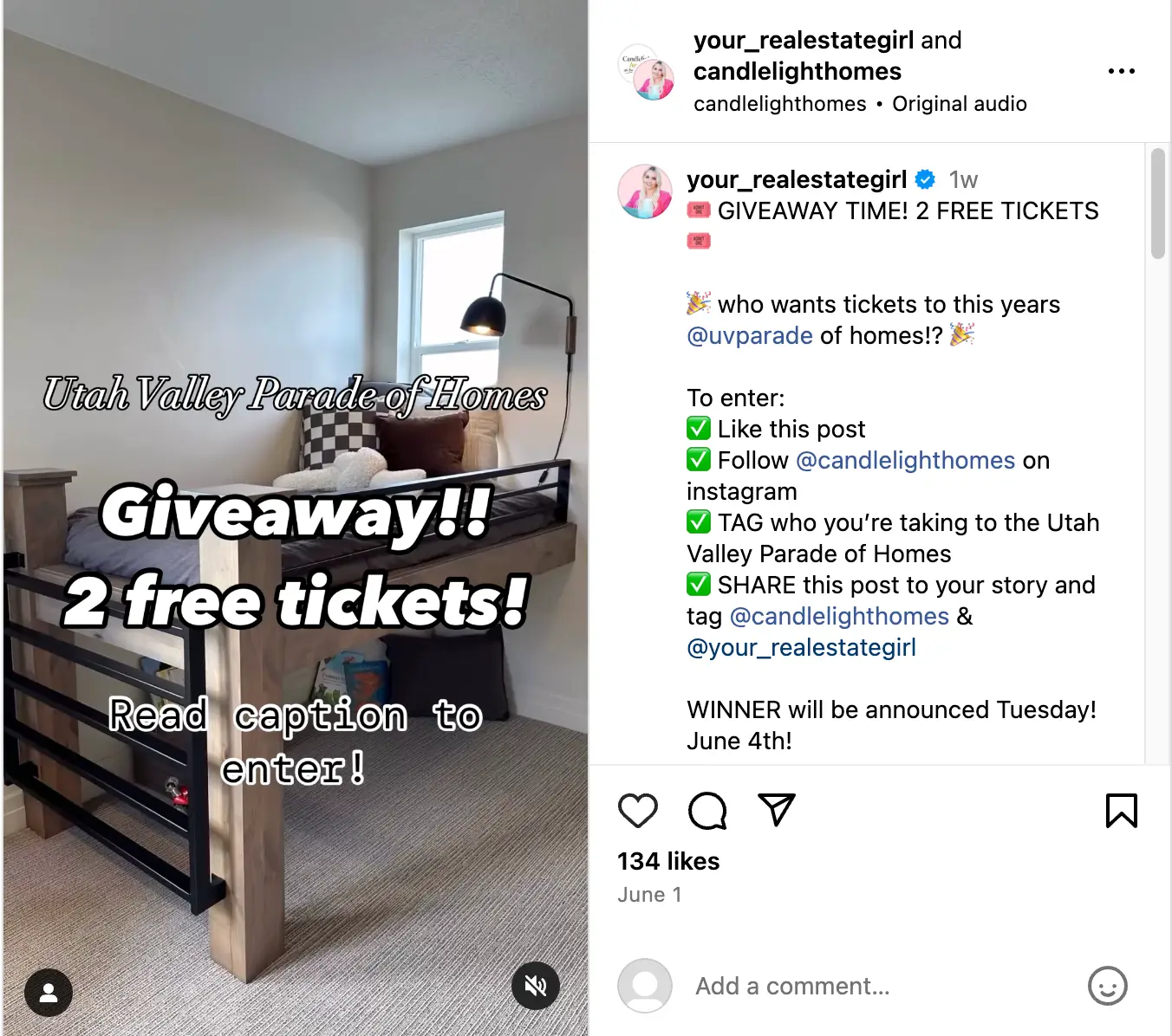 An example of a giveaway real estate social media post for instagram