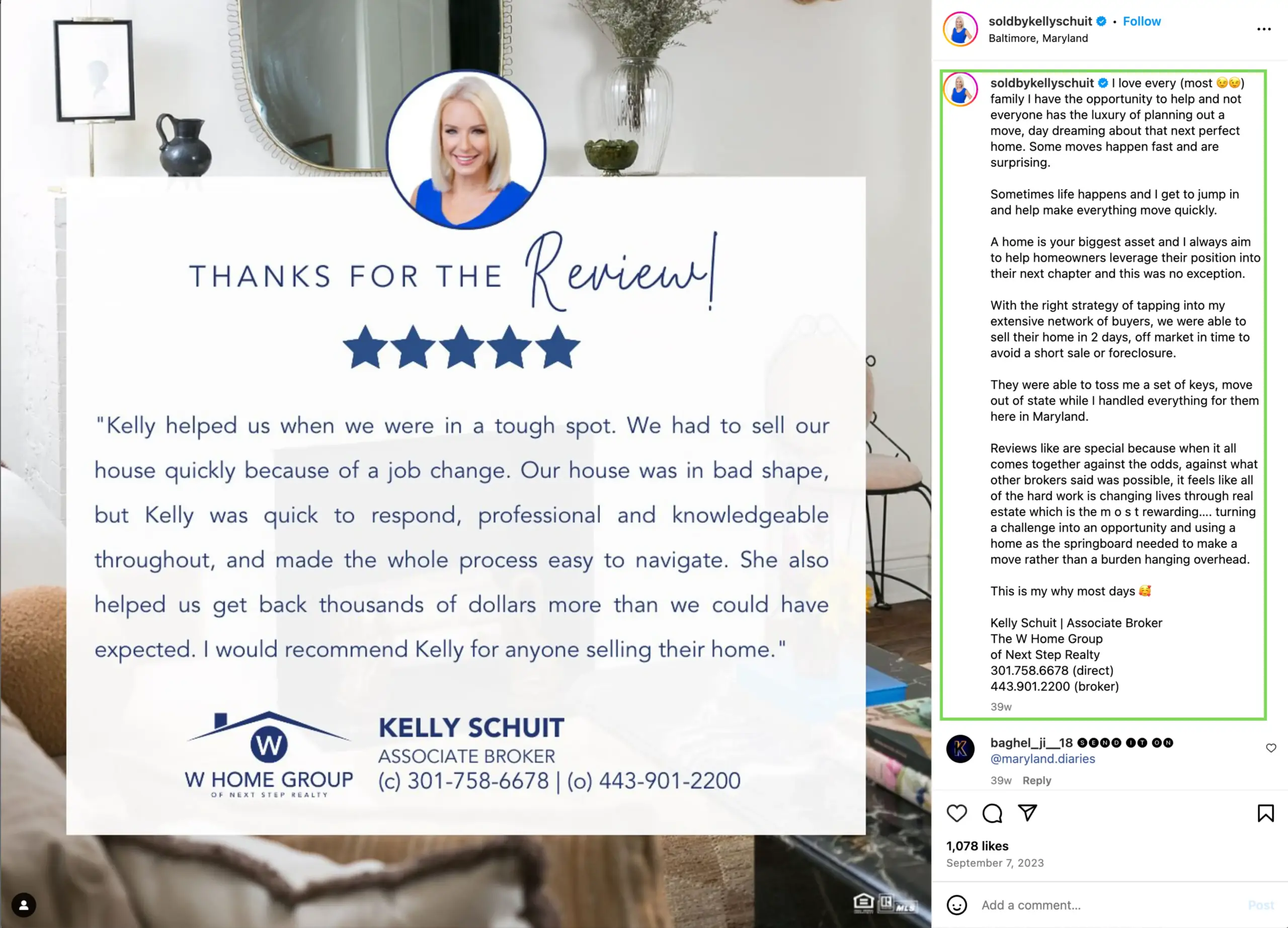 An example of a testimonial-type real estate social media post from instagram