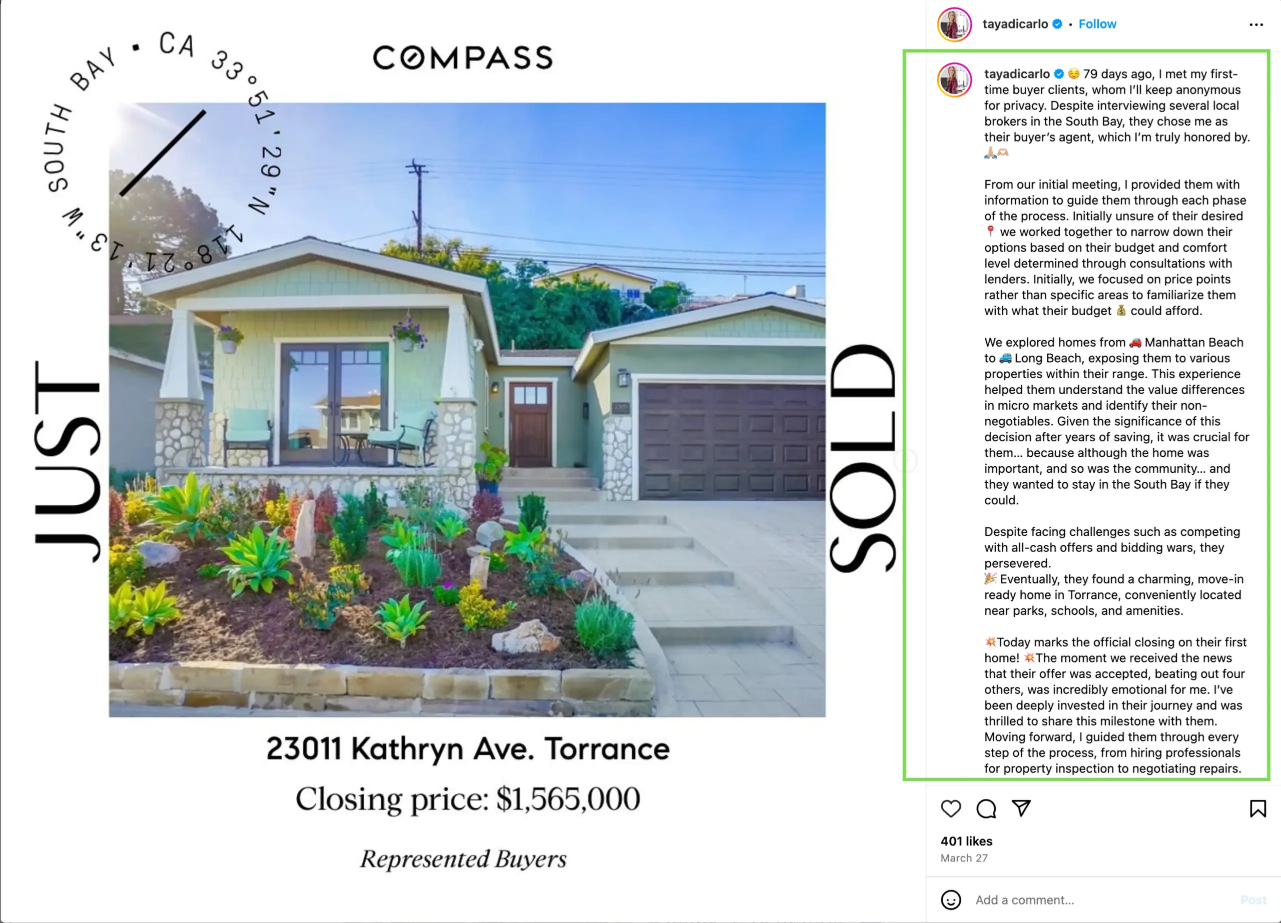 An example of a just sold social media post on instagram