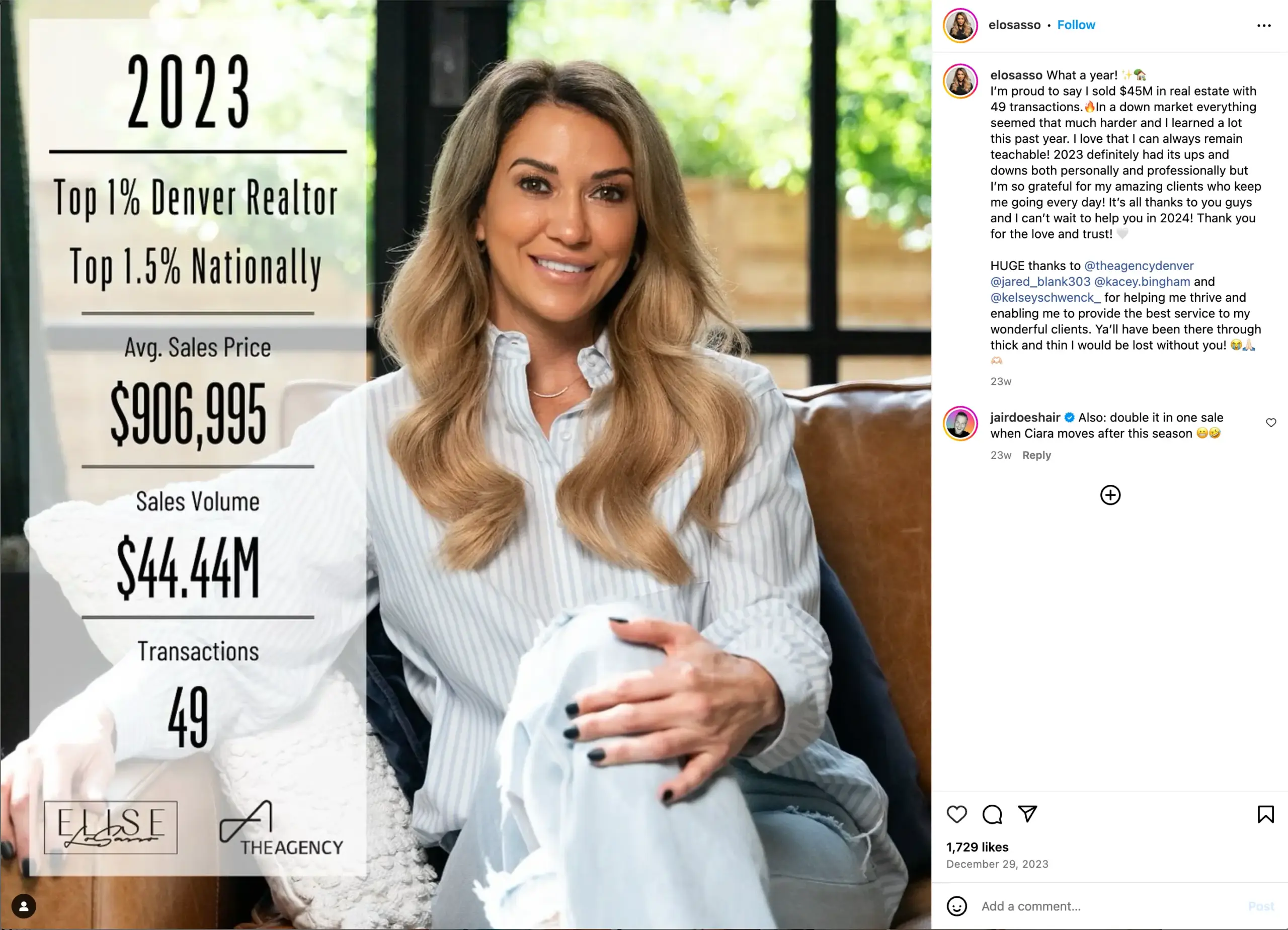 An example of a real estate social media post highlighting professional milestones on instagram