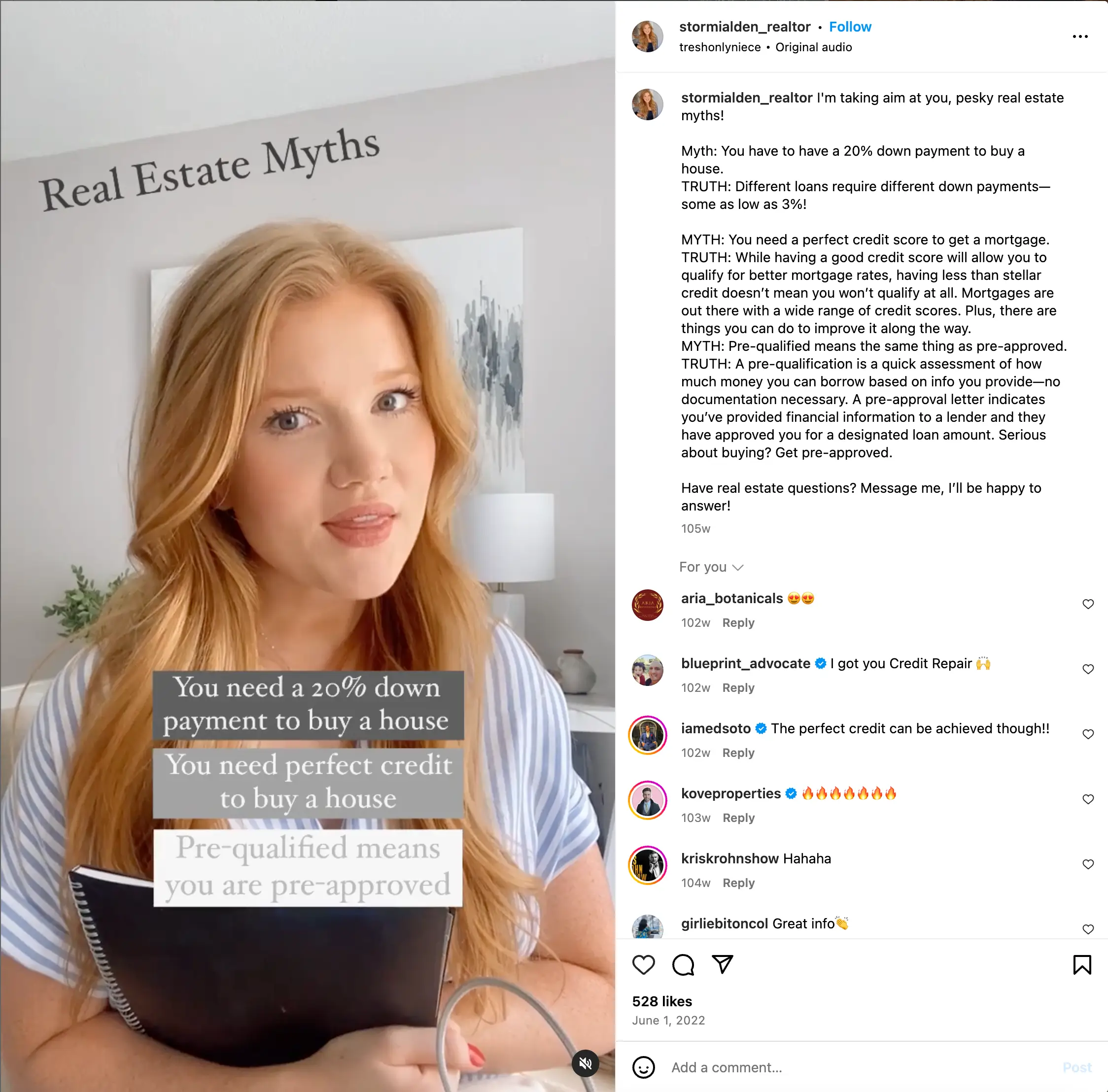 An example of a real estate social media post regarding real estate myths on instagram