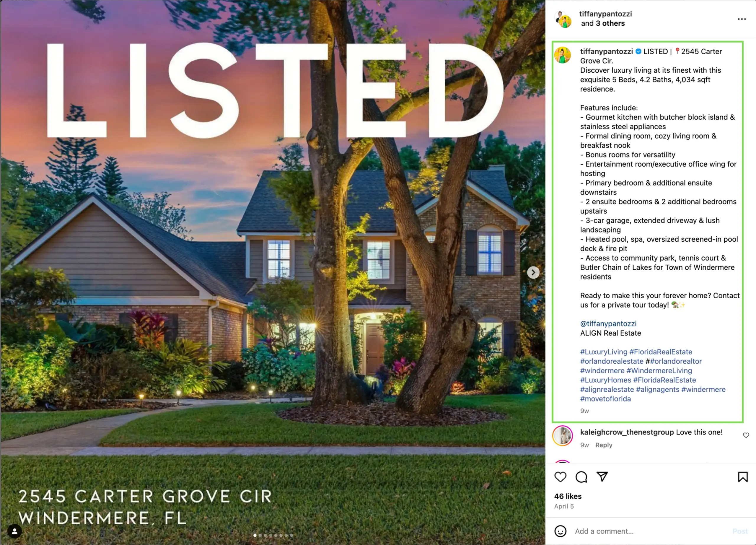 An example of a just listed real estate social media post on instagram featuring virtual twilight photography