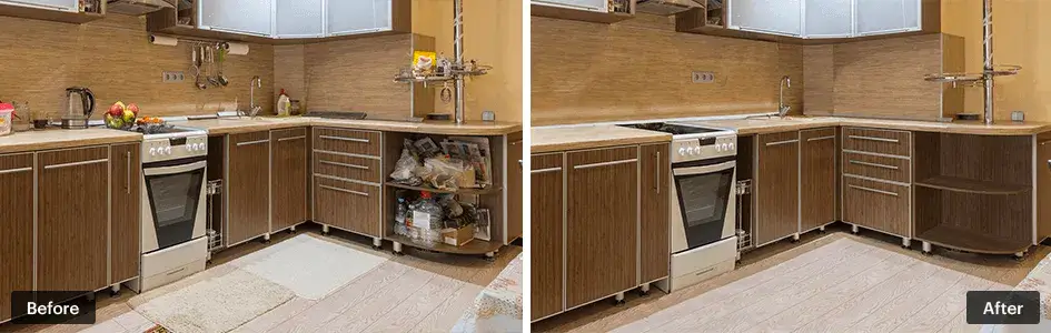 Before and after comparison of a kitchen, showcasing digital item removal to create a cleaner, more organized space.