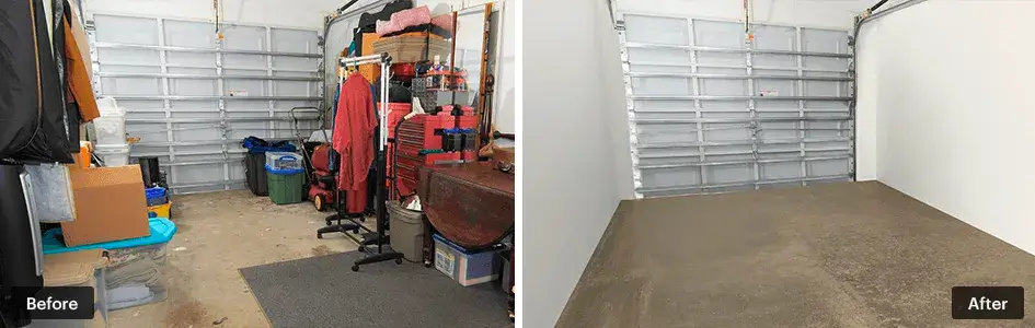 Before and after comparison of a garage, showcasing virtual decluttering to create a clean, empty space.