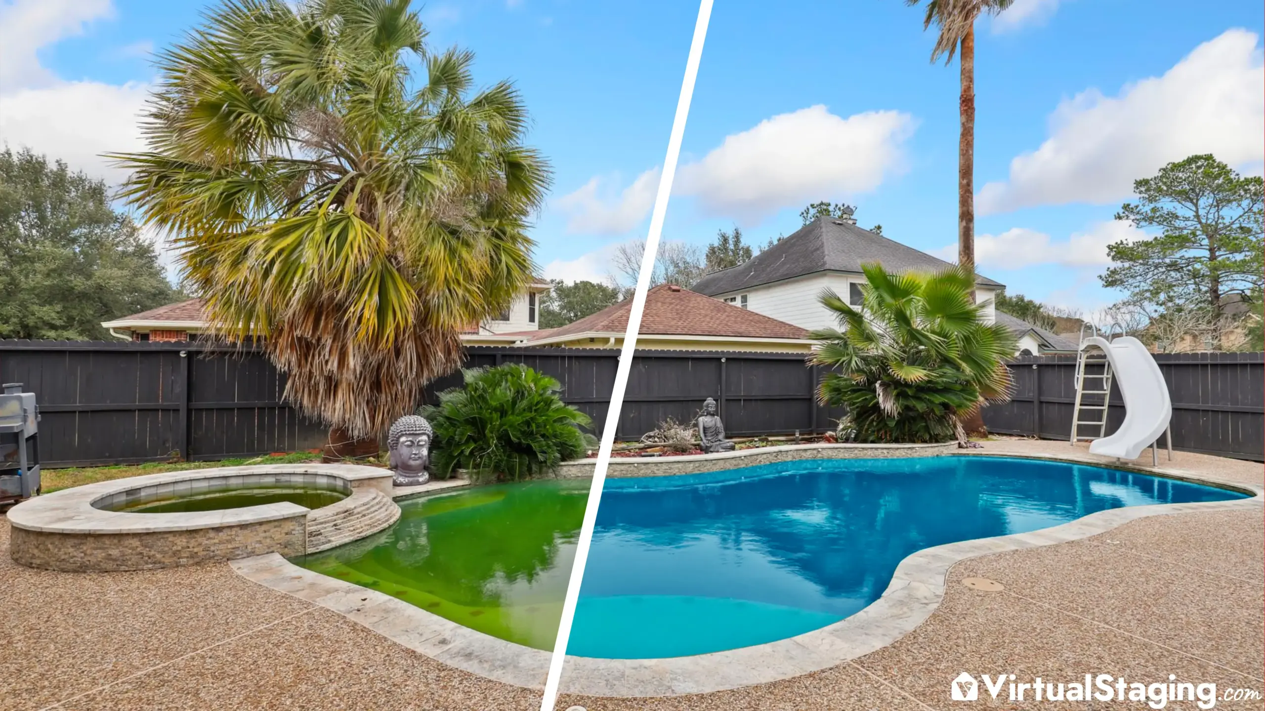 A before and after image of a pool that's been digitally enhanced using real estate photo editing services
