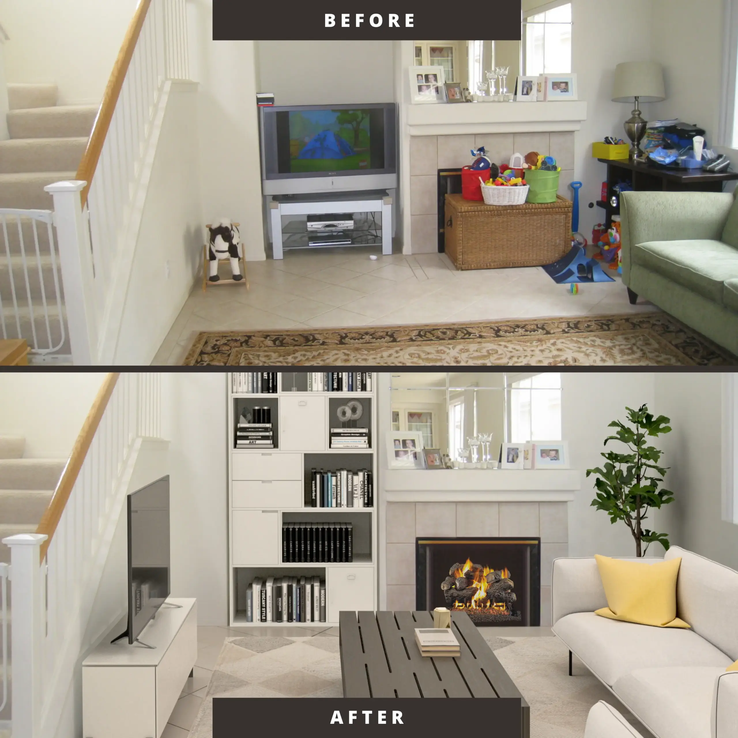 Living room makeover with virtual staging to sell an ugly house