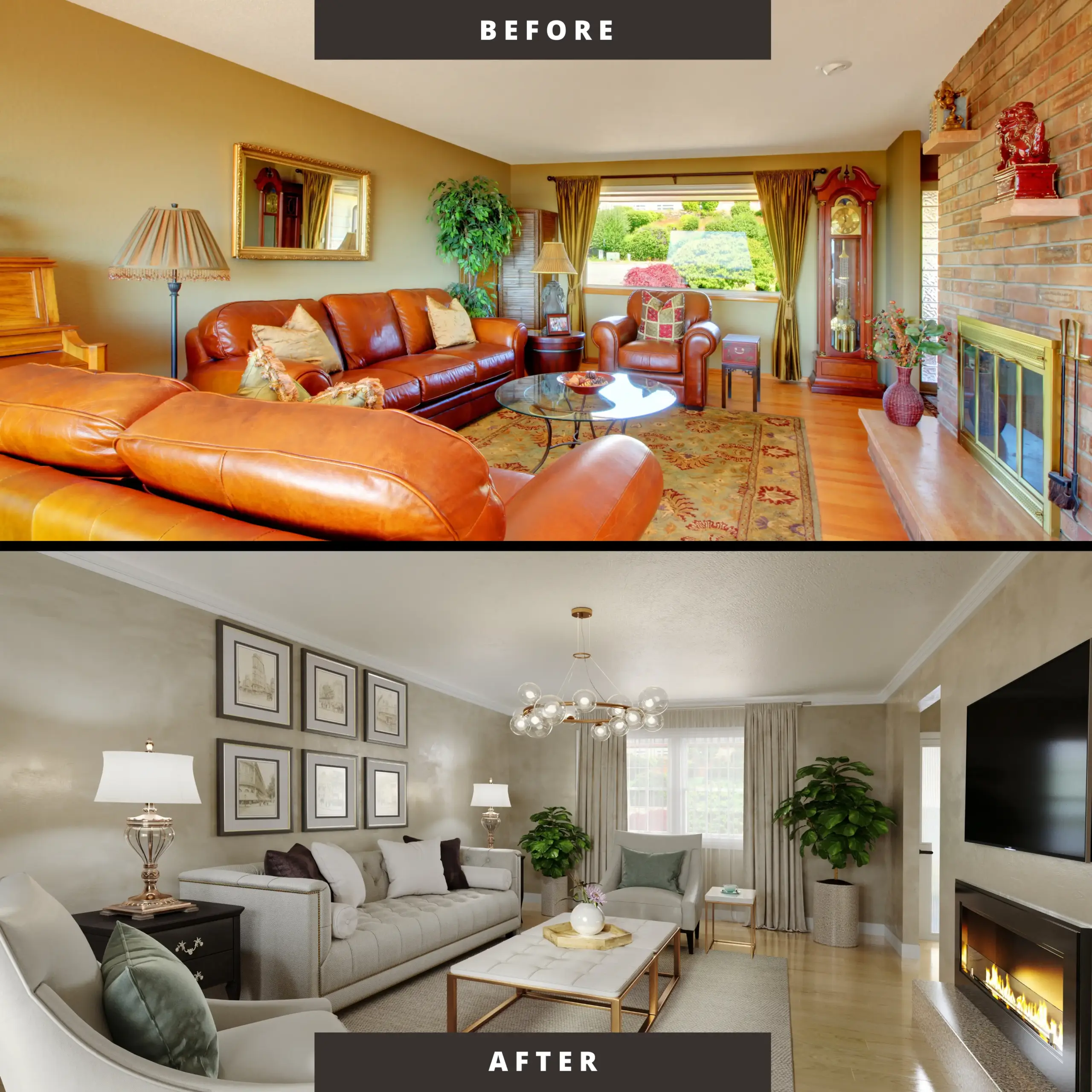 Transforming a living room with virtual renovation to sell an ugly house