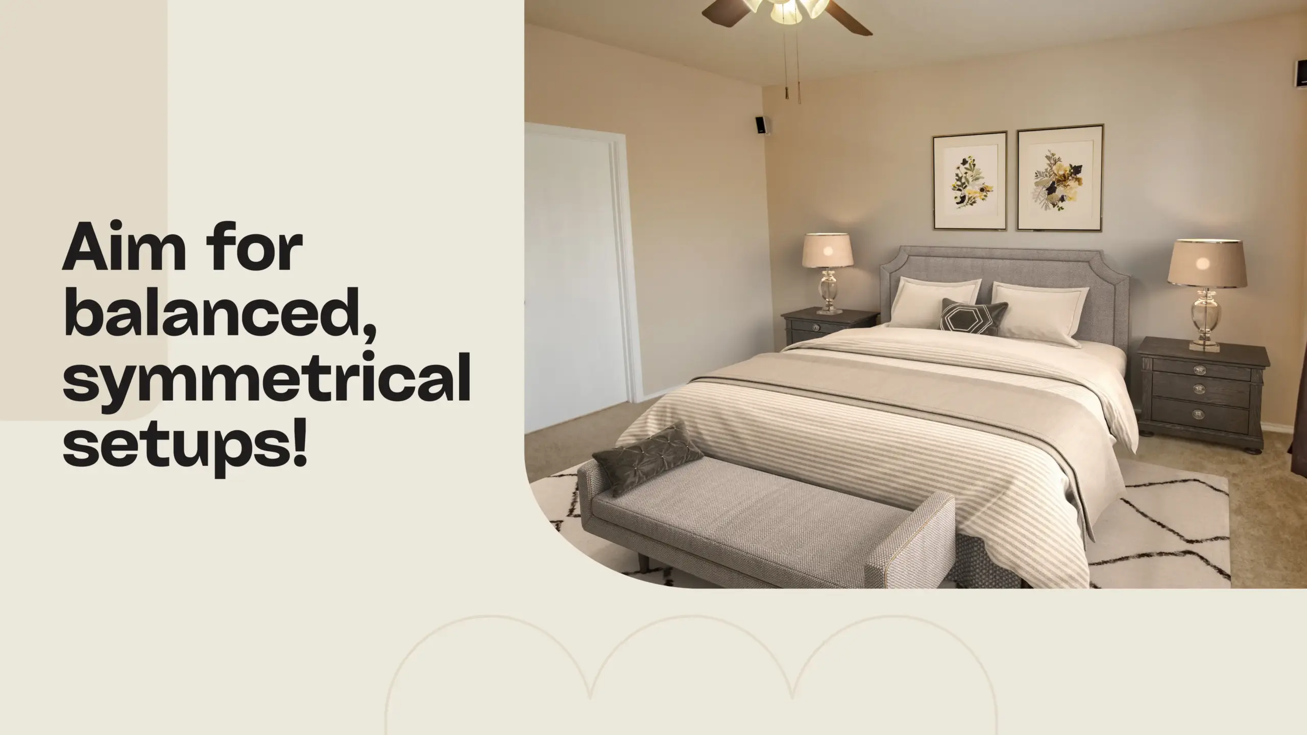 Virtual Furniture Placement Tip #3: Aim for balanced, symmetrical setups. Example of a well-staged bedroom with a symmetrical arrangement featuring matching nightstands and lamps on either side of the bed.