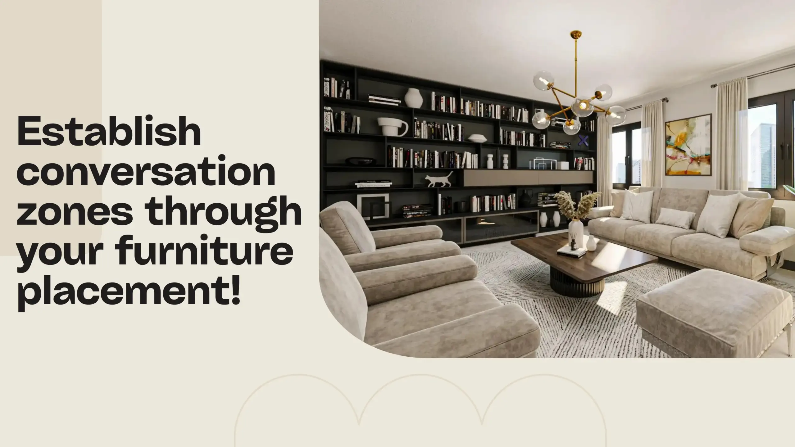Virtual Furniture Placement Tip #4: Establish conversation zones through your furniture placement. Example of a living room with seating arranged to create an inviting conversation area.
