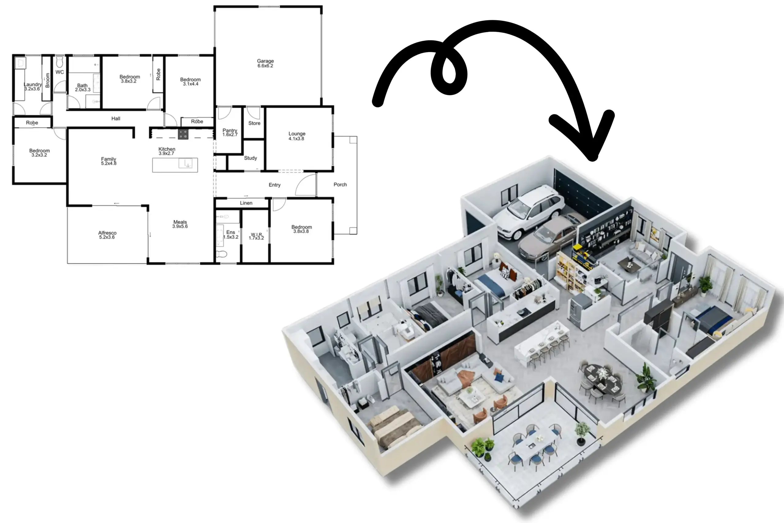 An image showing a 2D and 3D floor plan of the same house
