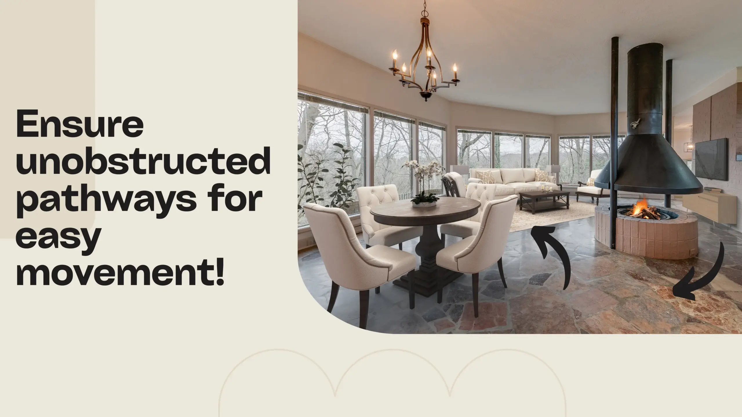 Virtual Furniture Placement Tip #1: Ensure unobstructed pathways for easy movement. A well-staged living room and dining area demonstrating clear, open walkways for effortless navigation.