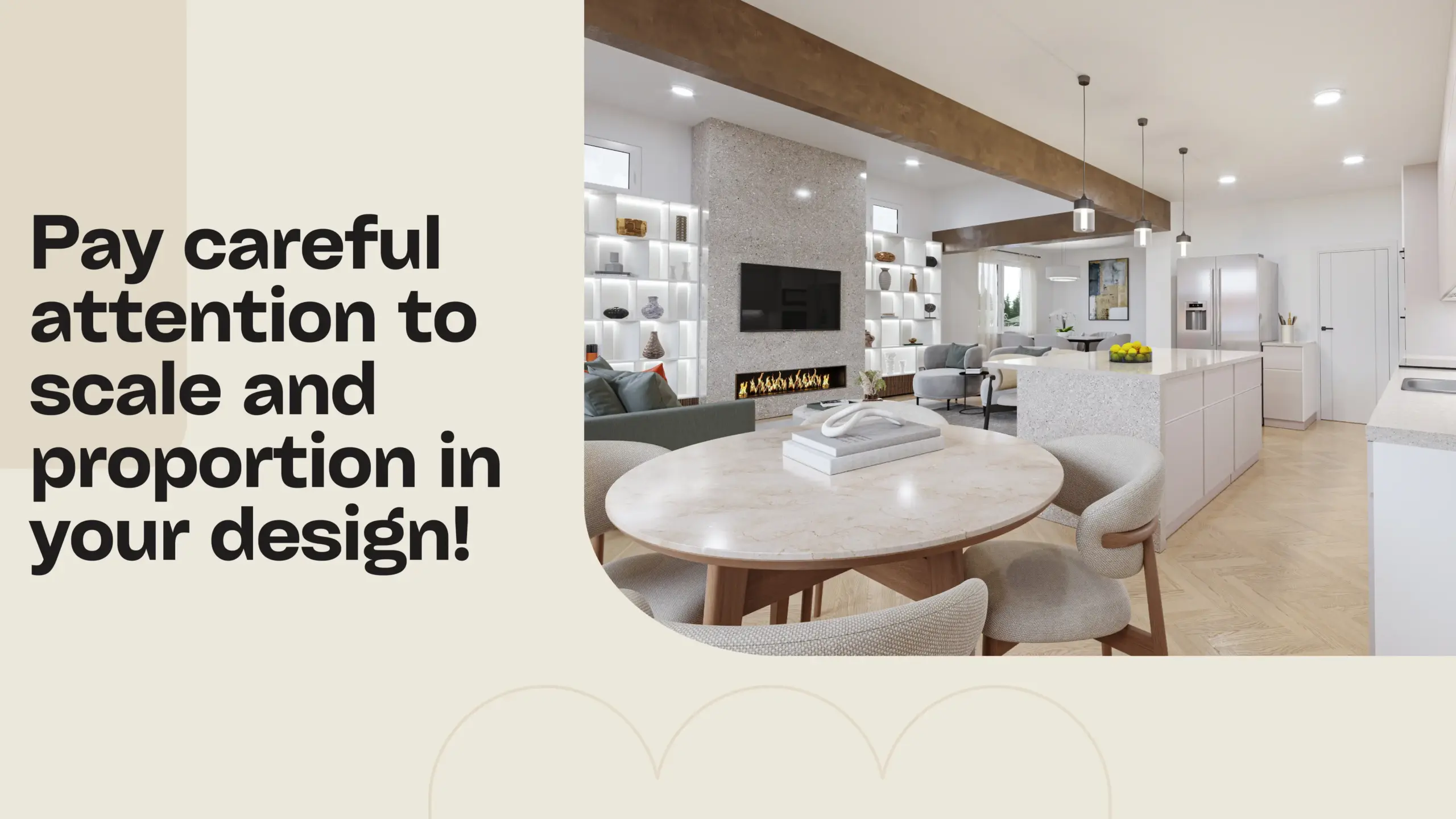 Virtual Furniture Placement Tip #2: Pay careful attention to scale and proportion in your design. Example of a well-balanced living and kitchen area with furniture scaled to fit the space.