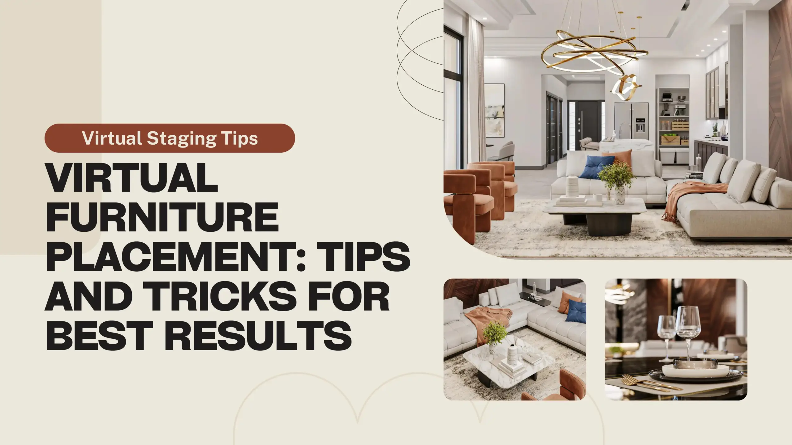 Title image for blog post: Virtual Furniture Placement - Tips and Tricks for Best Results. Features a modern living room with stylish virtual furniture.