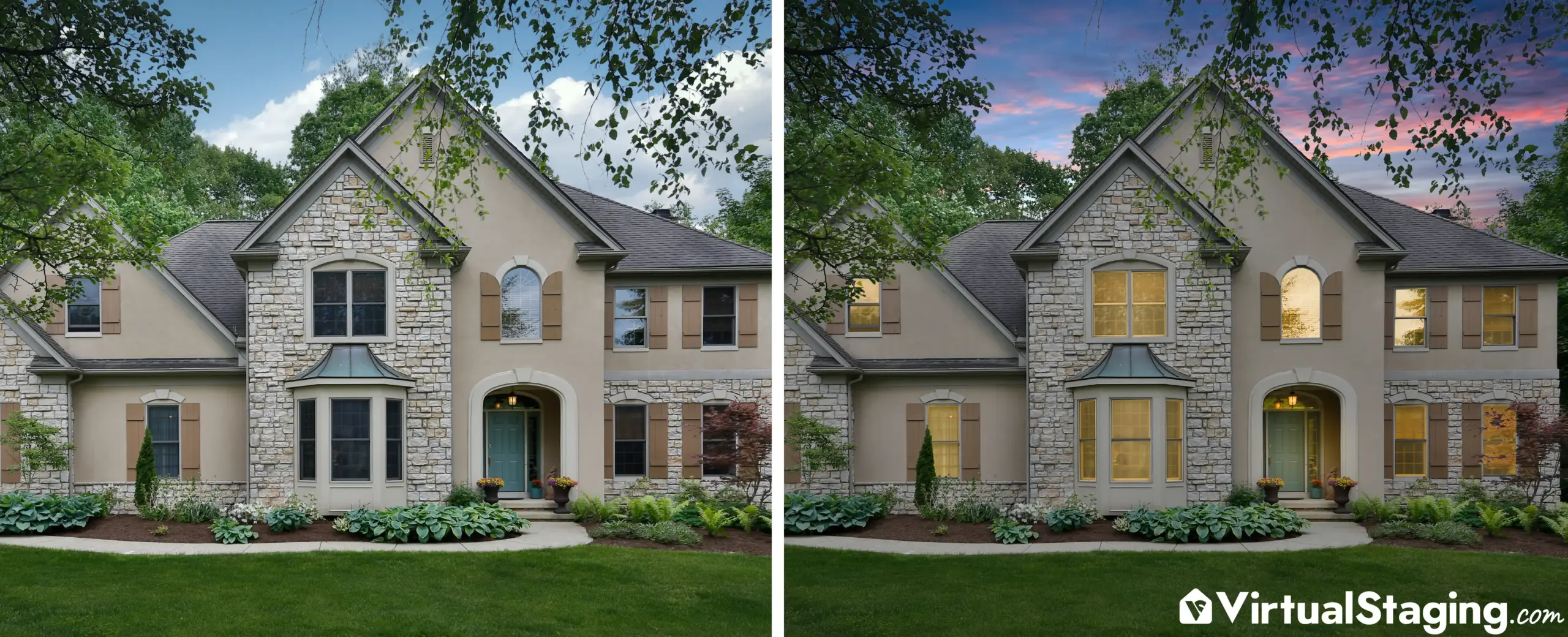 Before and after photo of virtual twilight