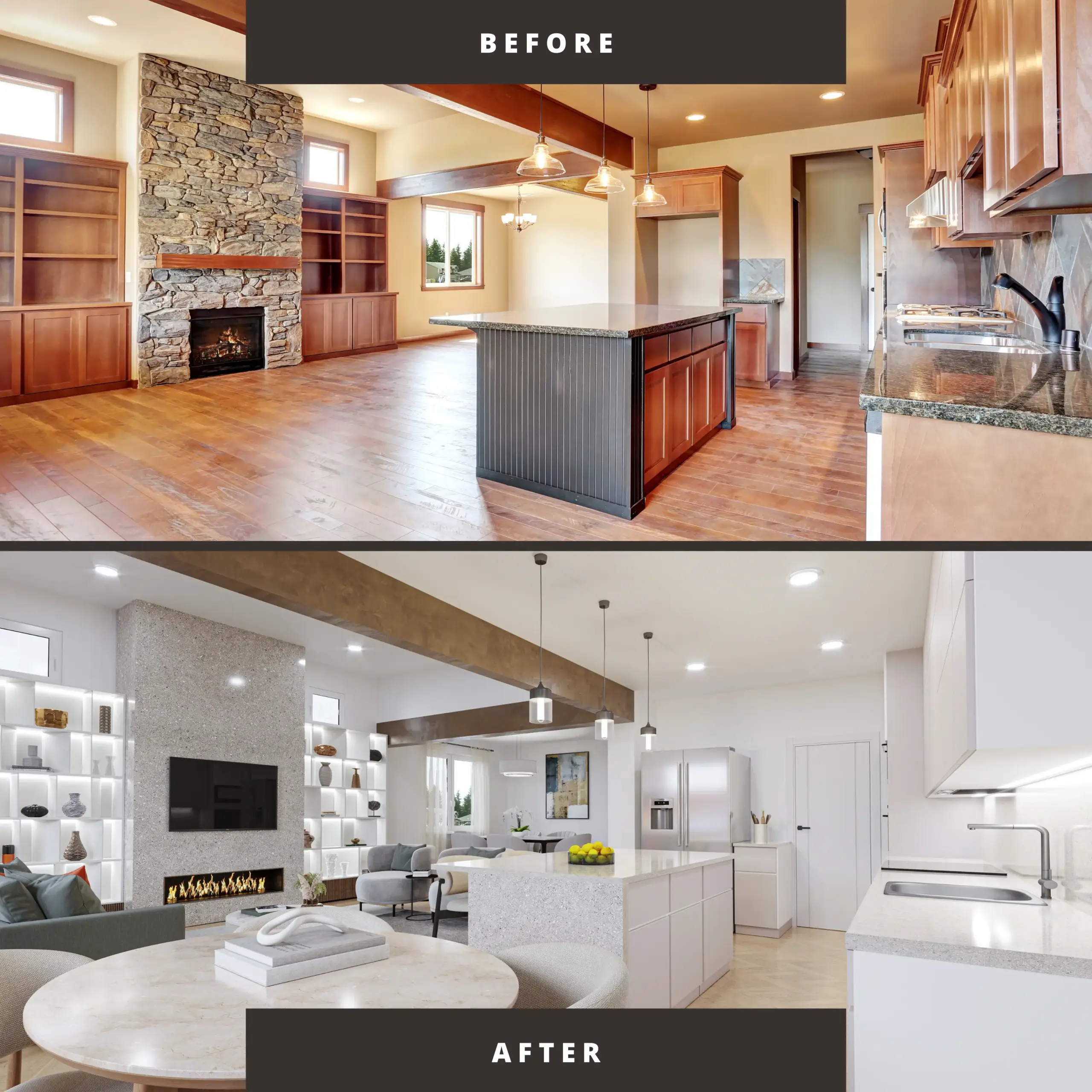 Luxury virtual staging and renovation of an open-space living-dining area