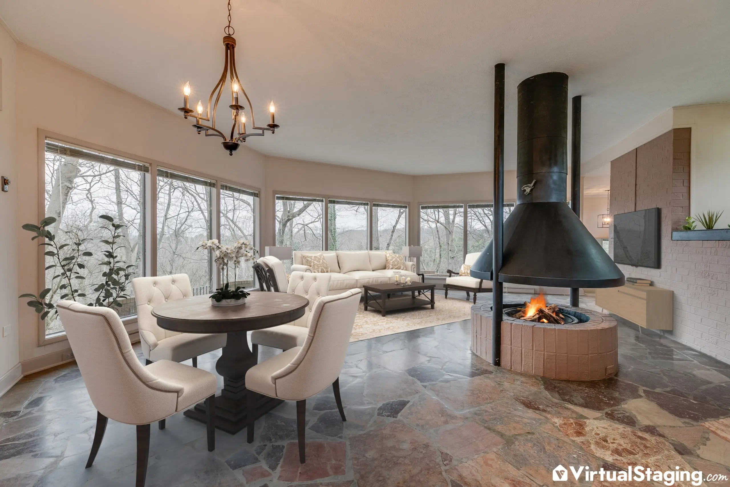 Luxury virtual staging of a dining-living area