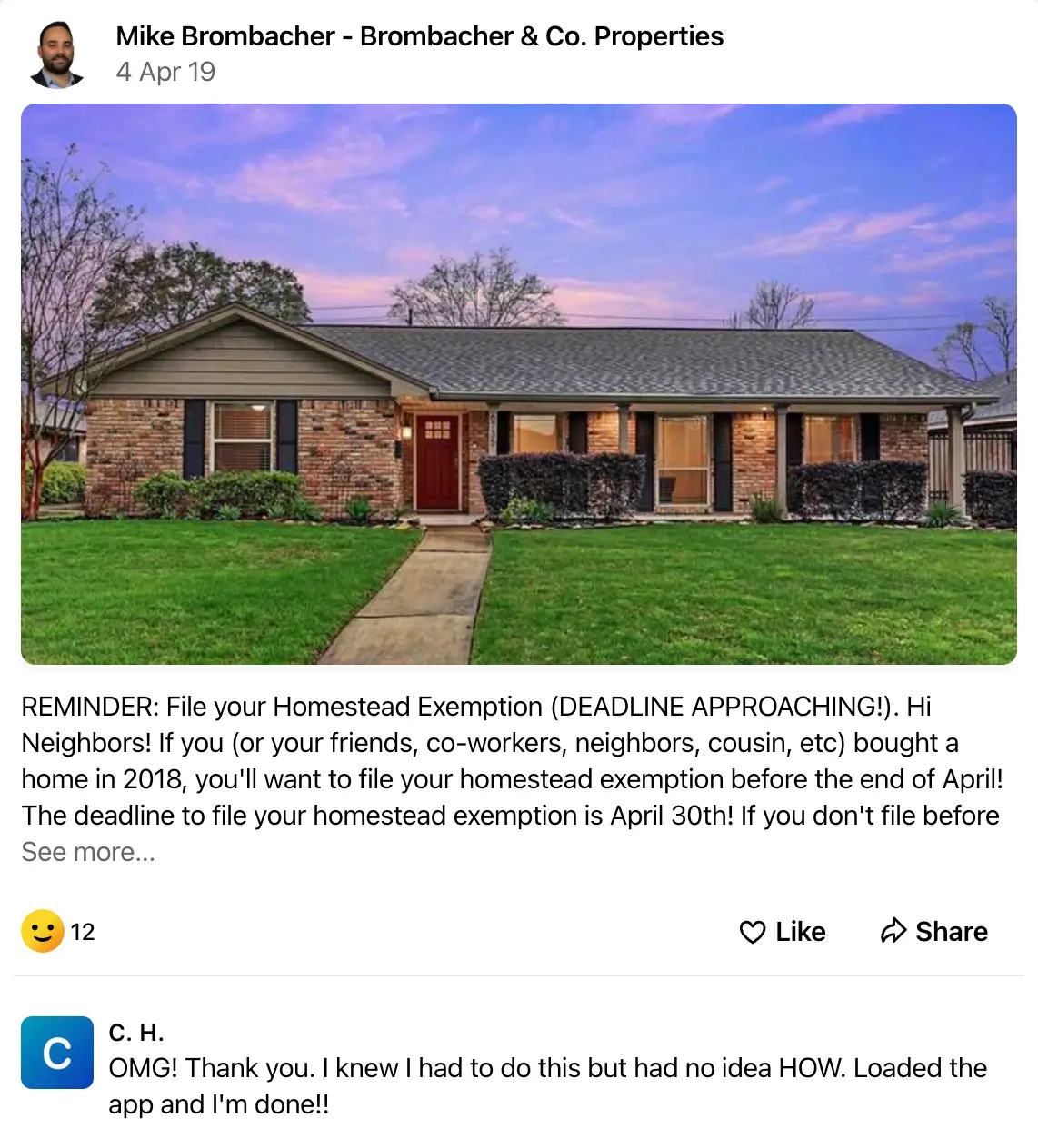 An example of a real estate post on nextdoor