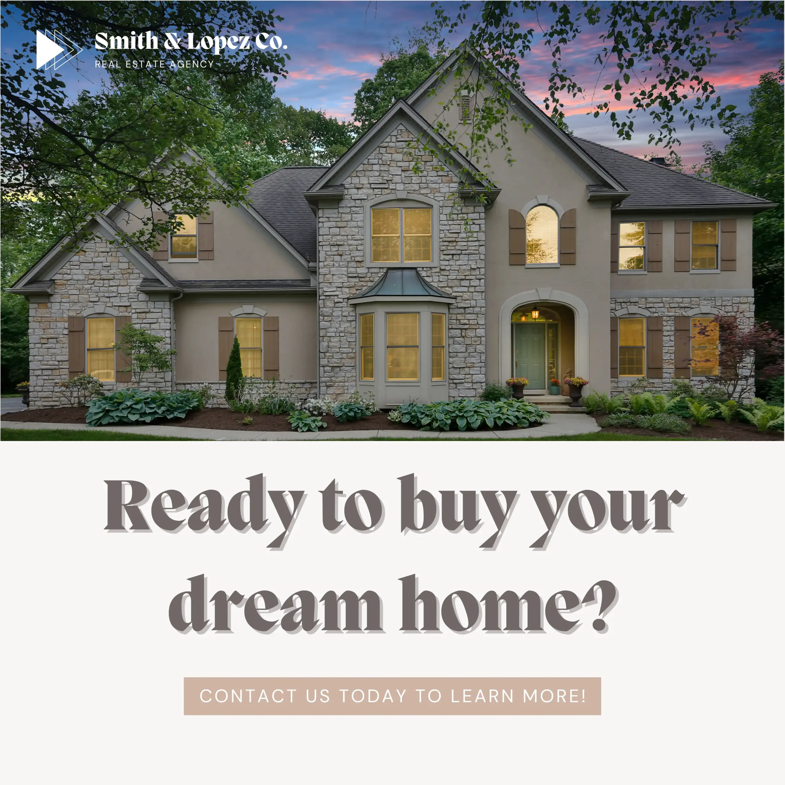 An example promotional real estate materials featuring a virtual twilight image